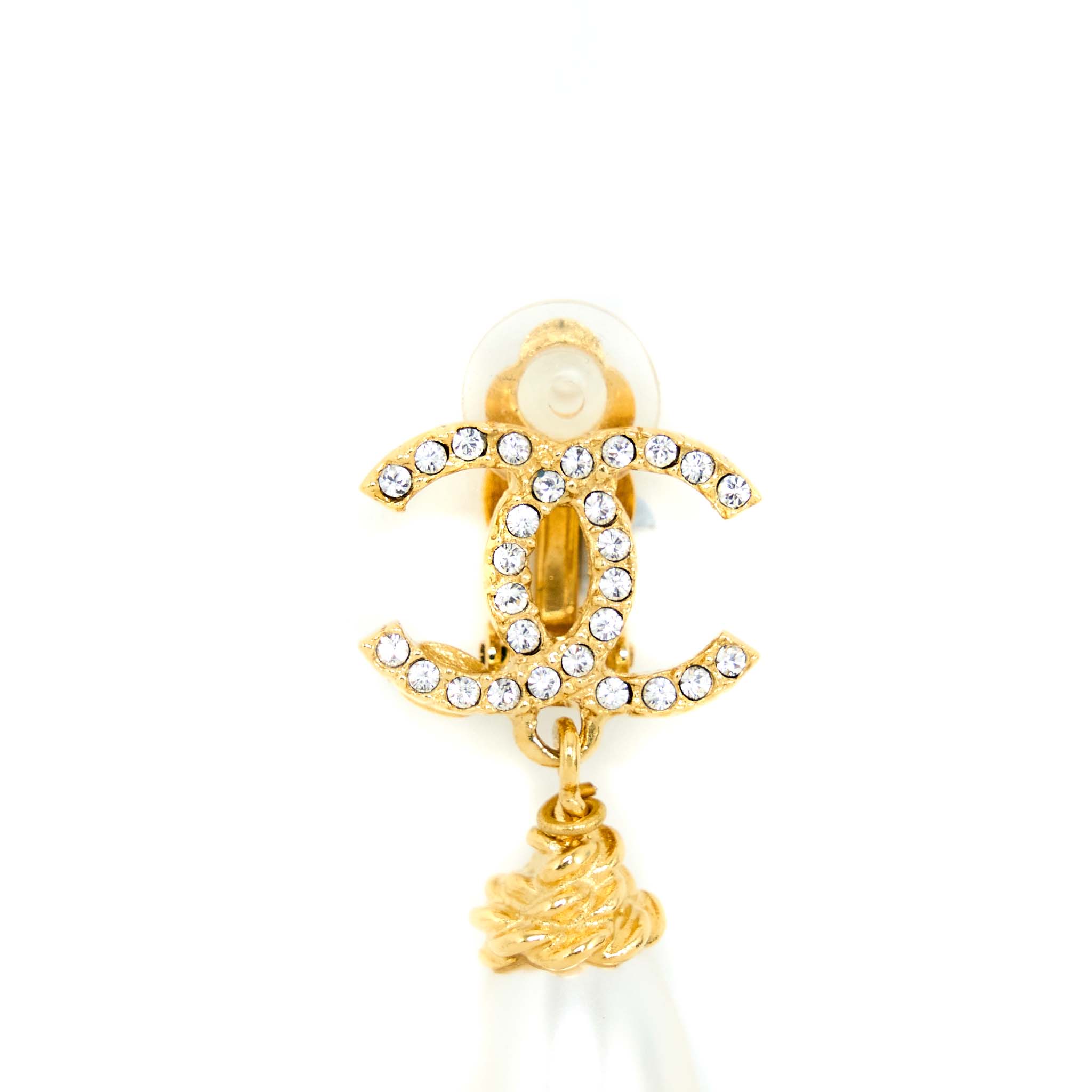 CHANEL CC LOGO CRYSTAL WITH PEARL DROP EAR CLIP GOLD TONE