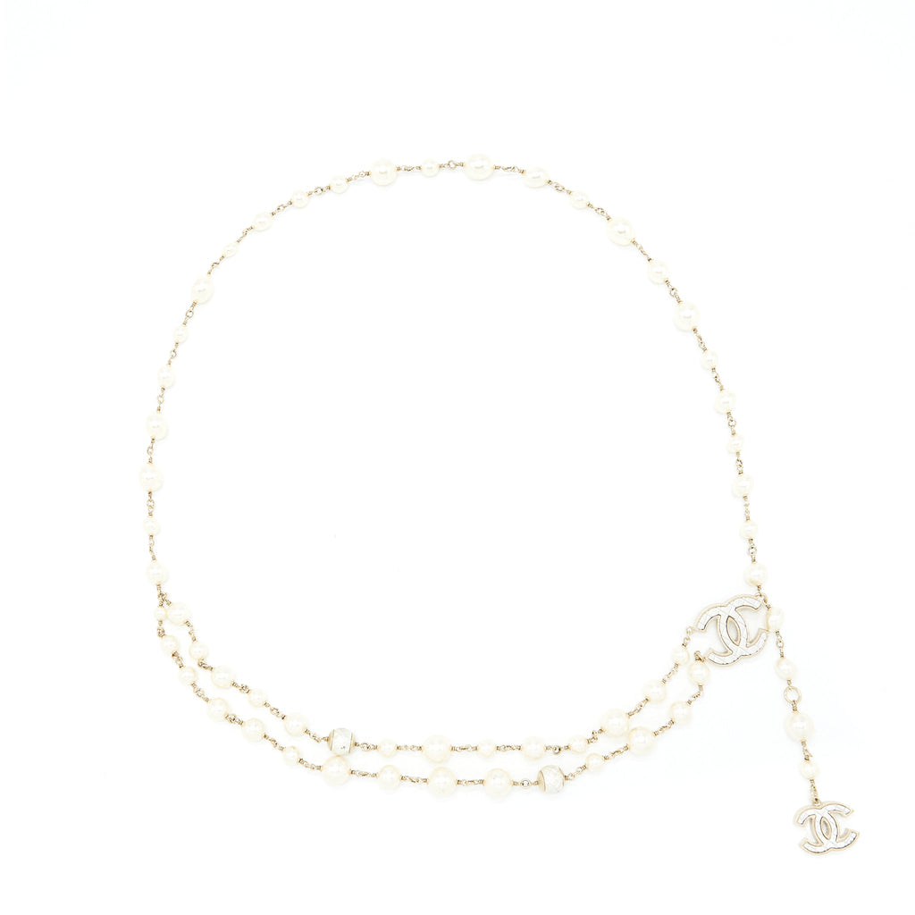CHANEL PEARL WAIST CHAIN BELT WITH CC LOGO DROP LIGHT GOLD TONE