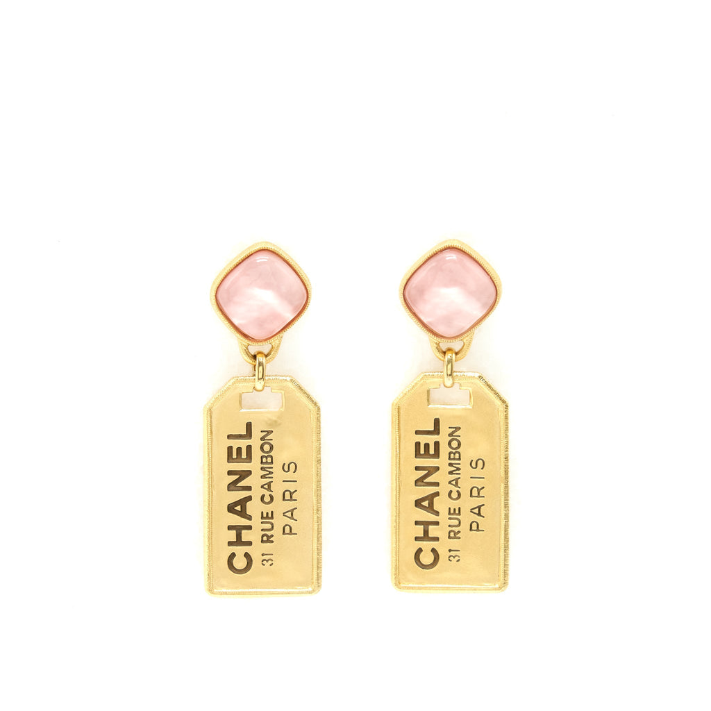 CHANEL NEW RUE CAMBON GOLD WITH PINK STONE DROP EARRINGS