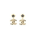 CHANEL CC LOGO WITH FLOWER BLACK AND WHITE DROP EARRINGS GHW