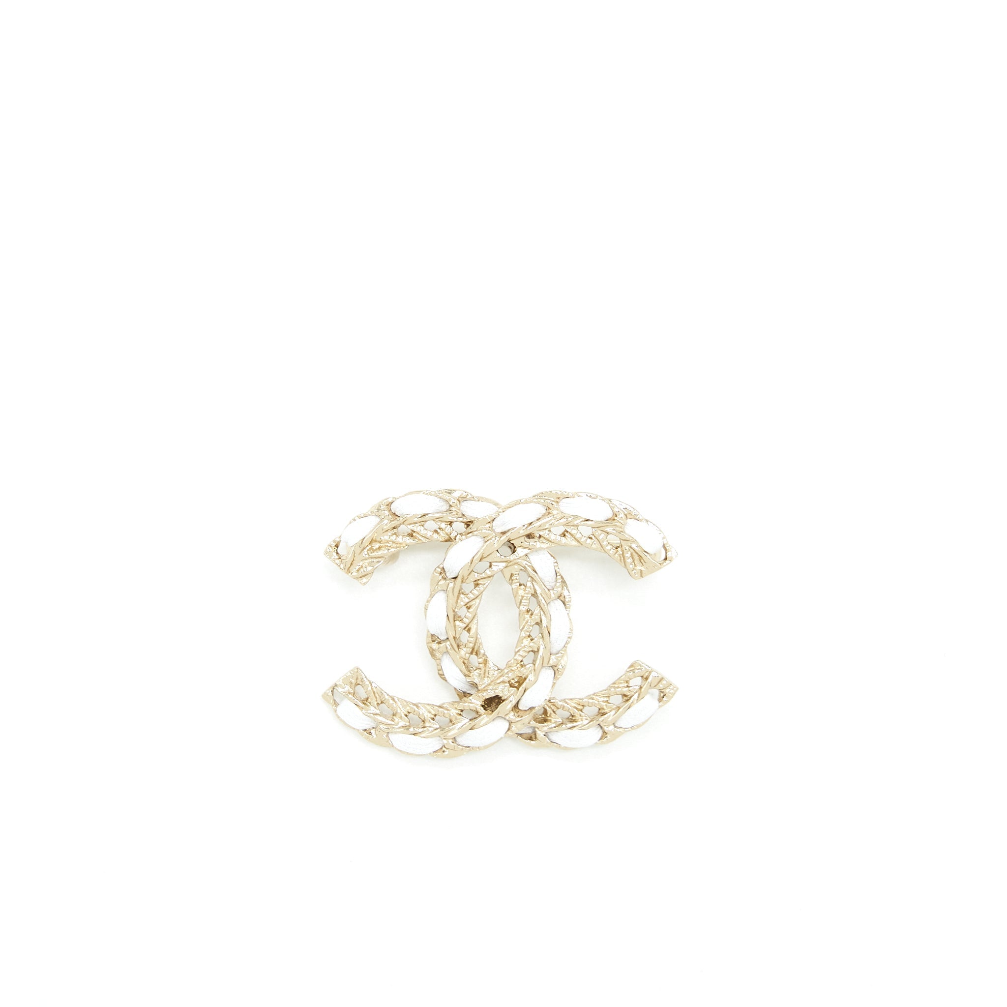CHANEL SMALL LEATHER CHAIN CC LOGO BROOCH WHITE/LIGHT GOLD TONE