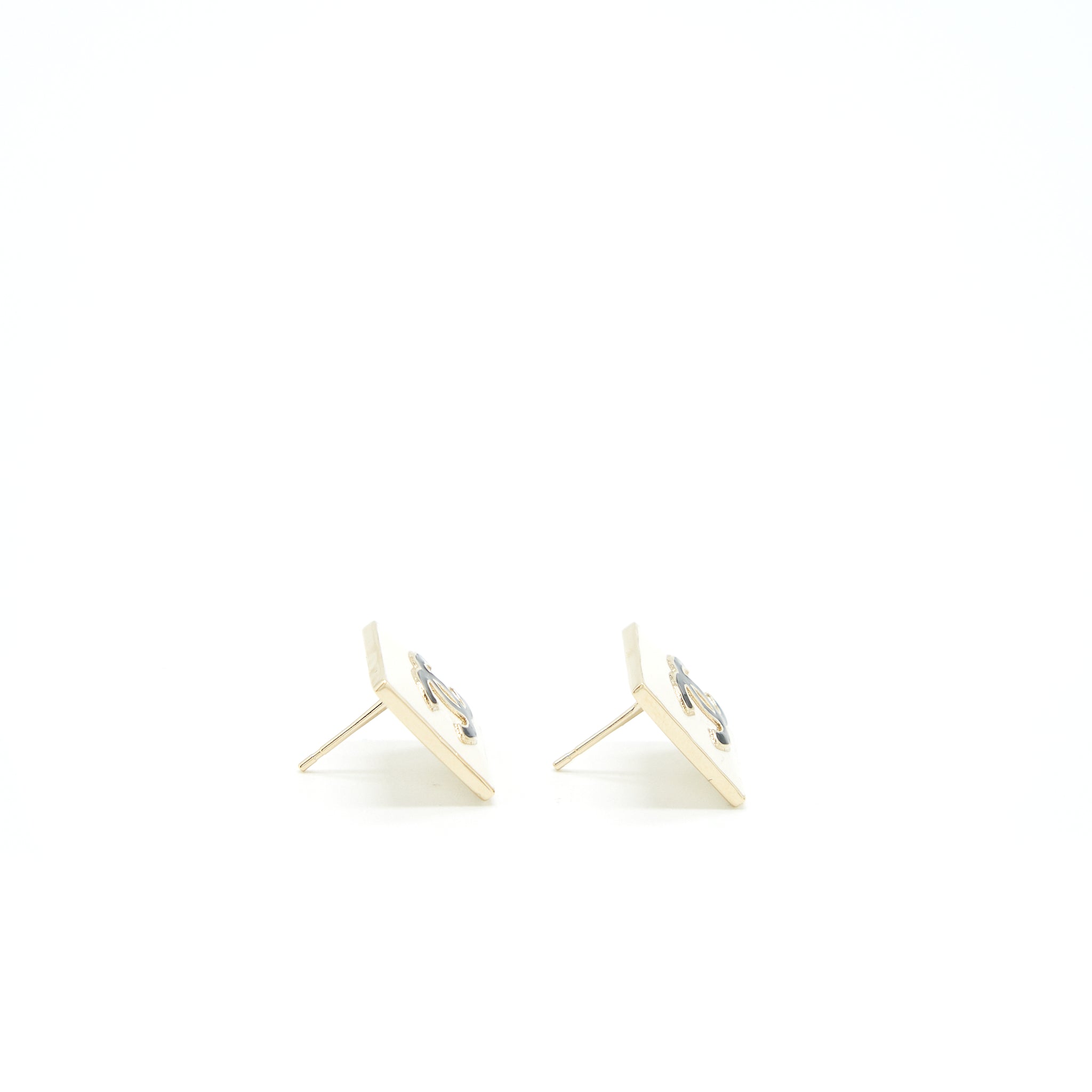CHANEL SQUARE ENAMEL CC LOGO EARRINGS BLACK/WHITE LIGHT GOLD TONE