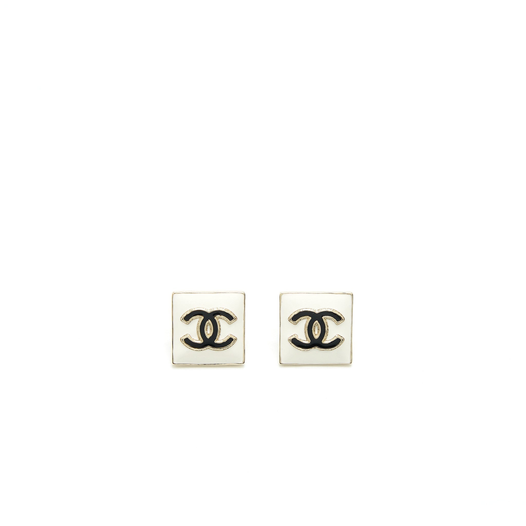 CHANEL SQUARE ENAMEL CC LOGO EARRINGS BLACK/WHITE LIGHT GOLD TONE