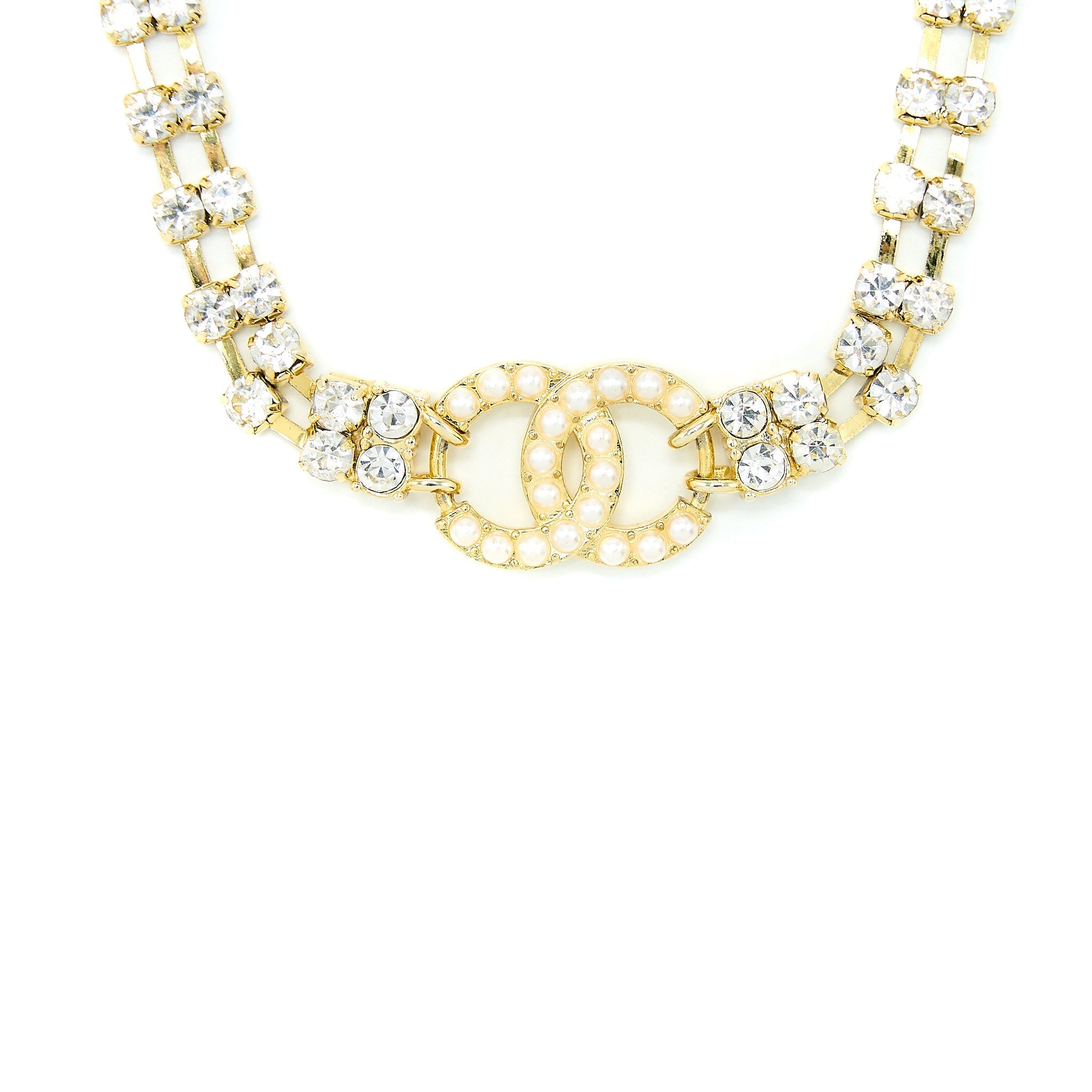 CHANEL CC LOGO CHOCKER CRYSTAL/PEARL GOLD TONE