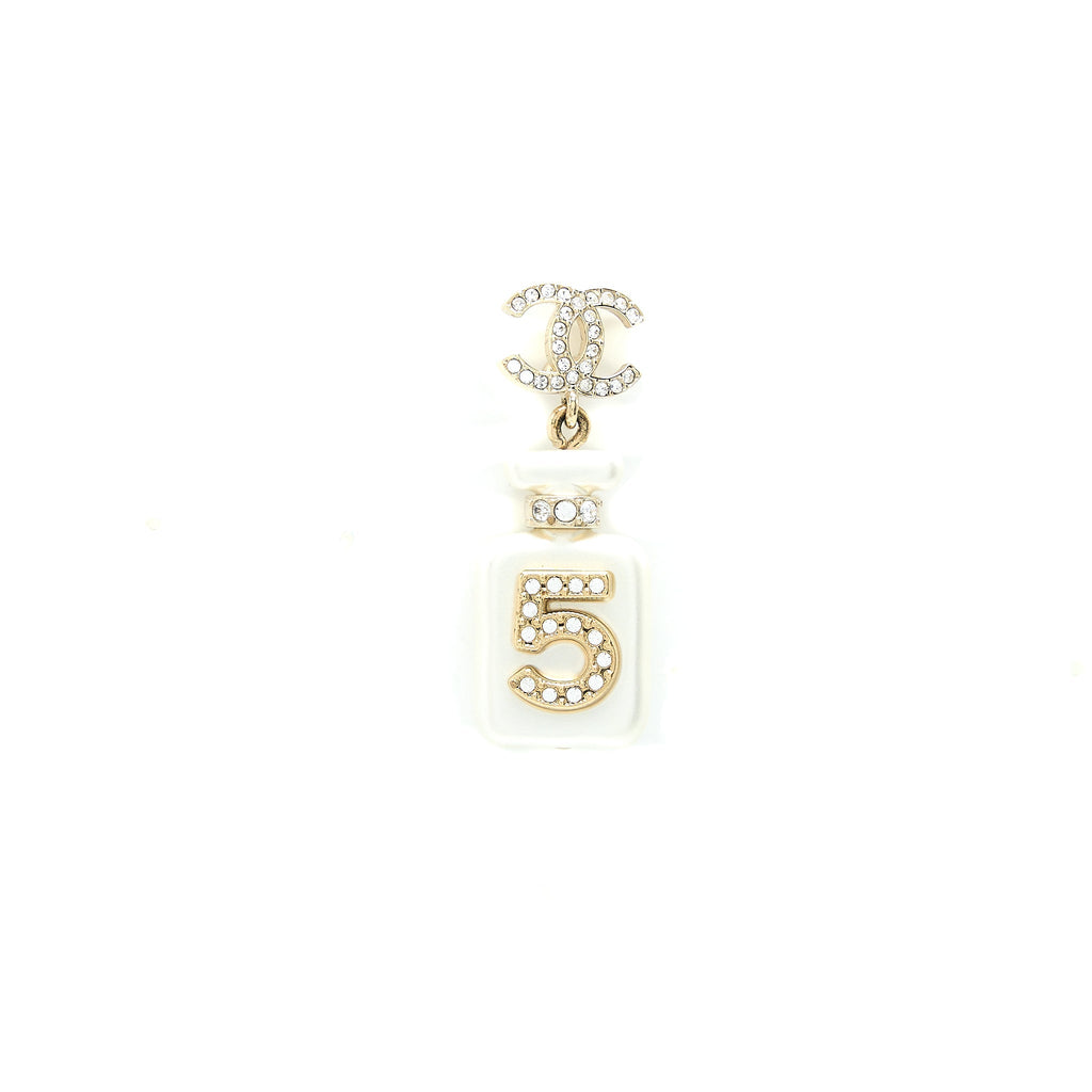 CHANEL NO.5 PERFUME BOTTLE CC LOGO DROP CRYSTAL/PEARL EARRINGS LIGHT GOLD TONE