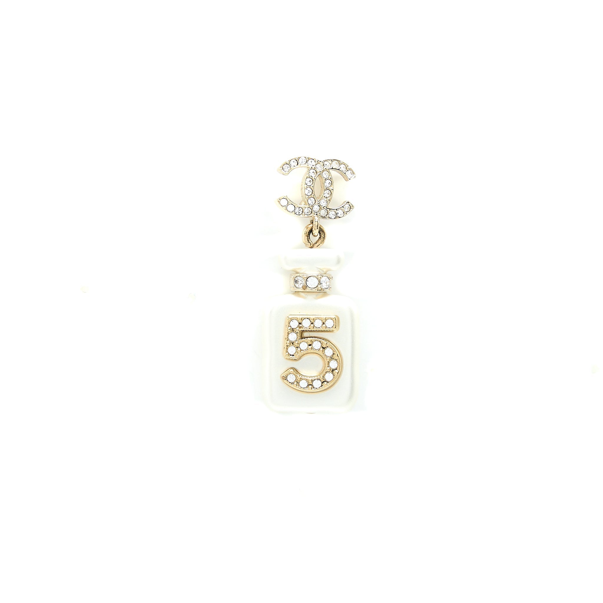 CHANEL NO.5 PERFUME BOTTLE CC LOGO DROP CRYSTAL/PEARL EARRINGS LIGHT GOLD TONE
