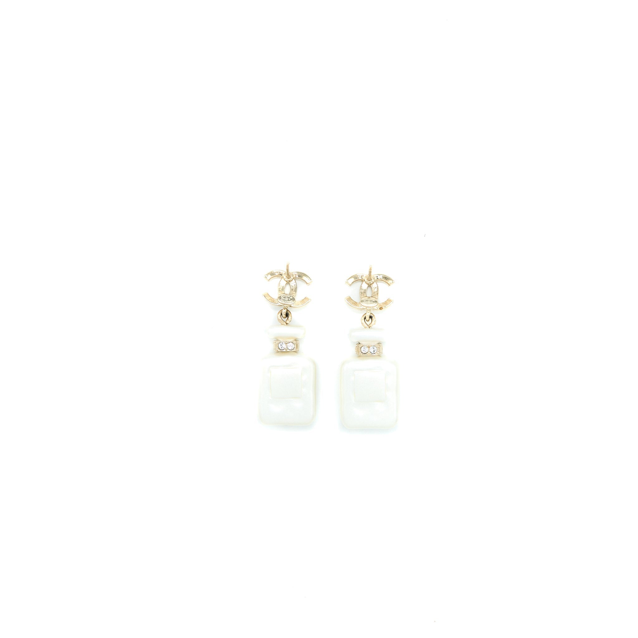 CHANEL NO.5 PERFUME BOTTLE CC LOGO DROP CRYSTAL/PEARL EARRINGS LIGHT GOLD TONE
