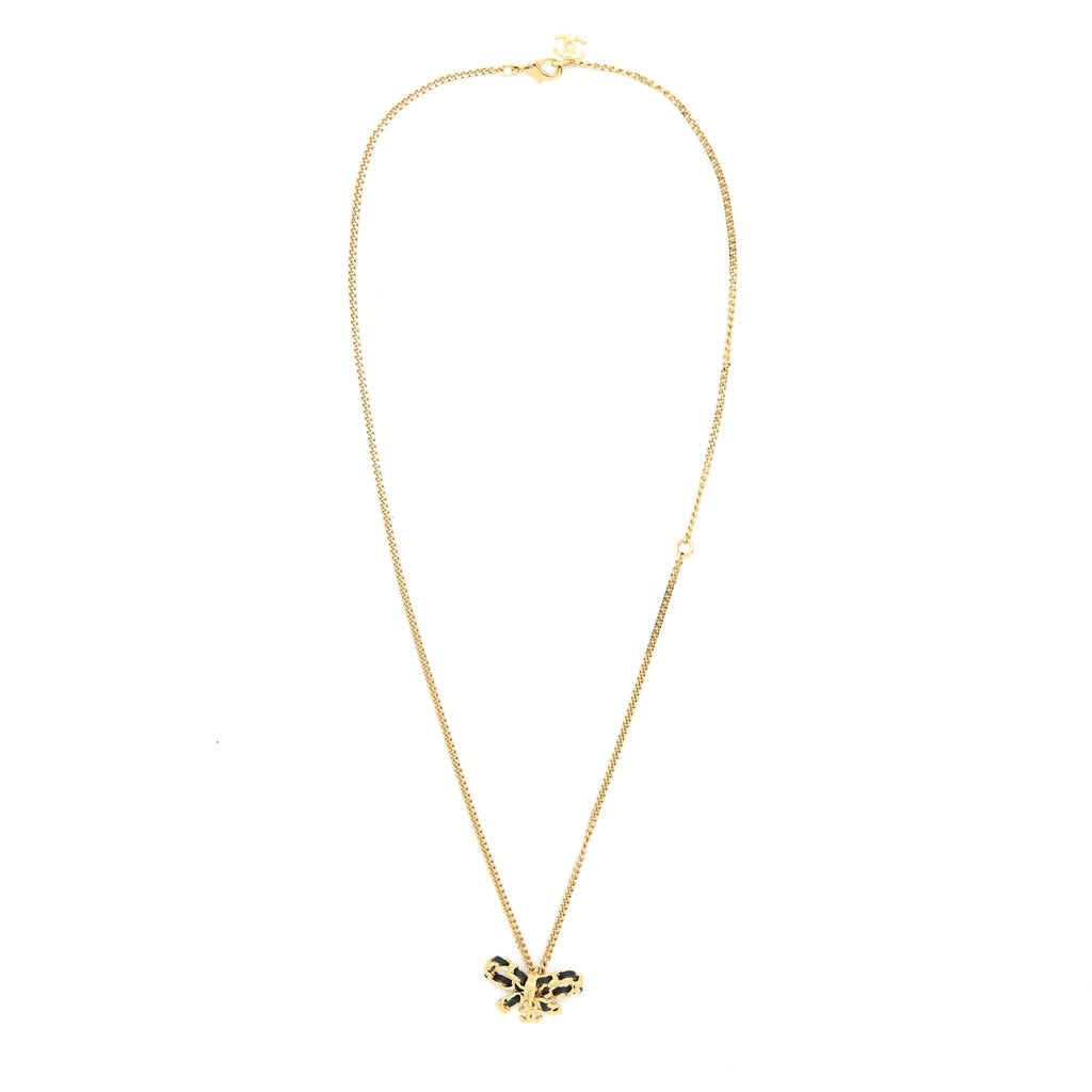 CHANEL LEATHER CHAIN BOW NECKLACE GOLD TONE