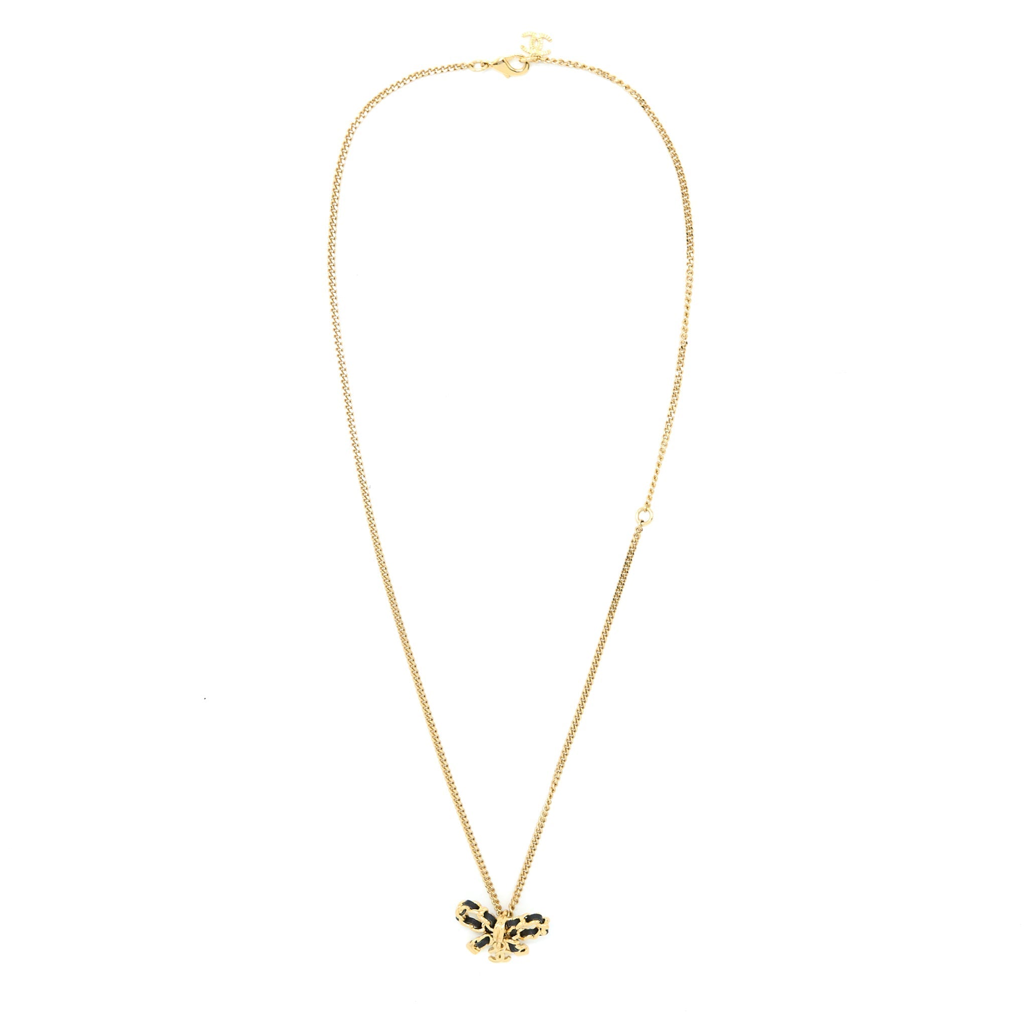 CHANEL LEATHER CHAIN BOW NECKLACE GOLD TONE