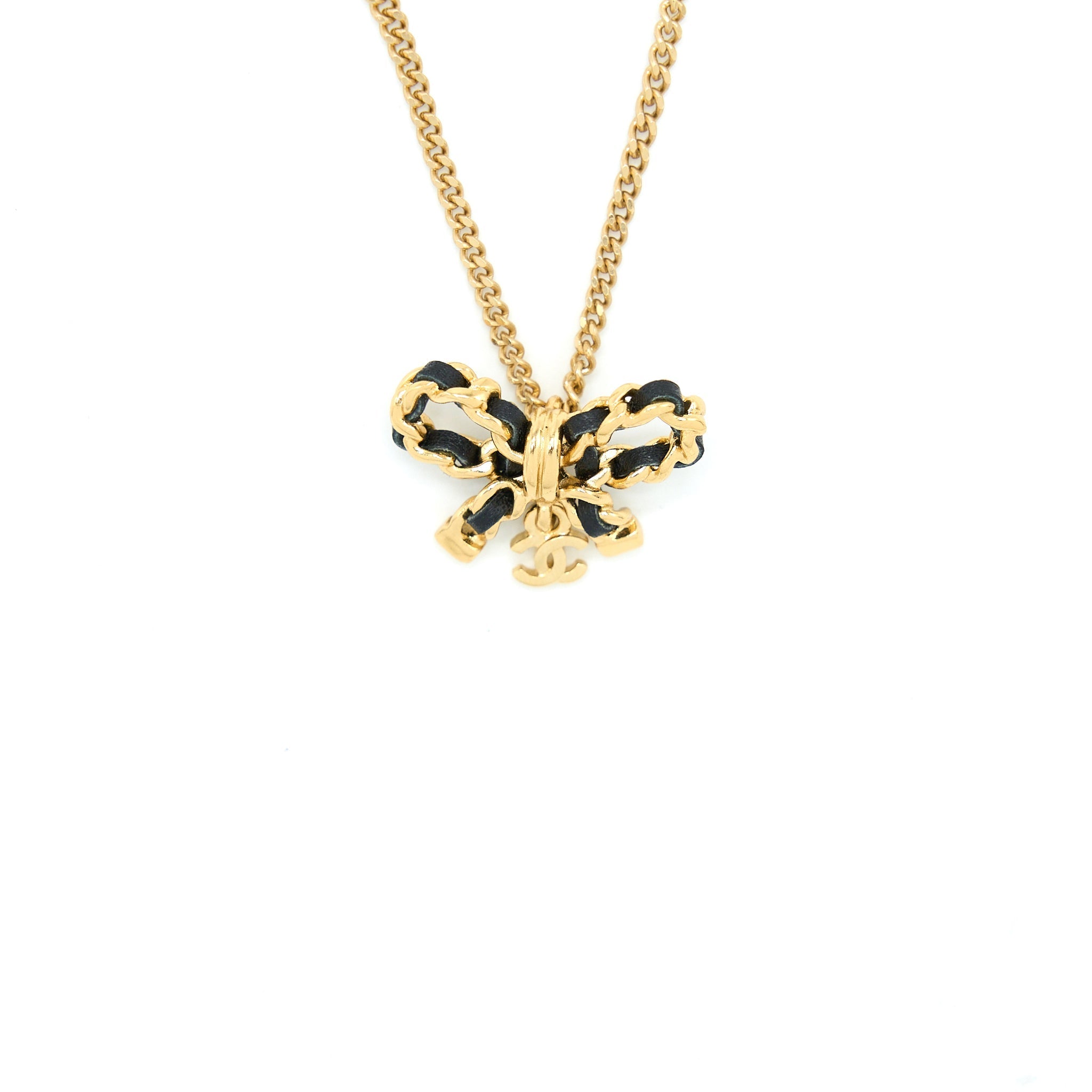CHANEL LEATHER CHAIN BOW NECKLACE GOLD TONE