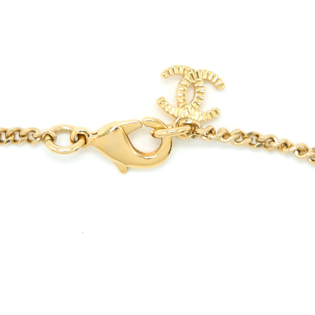 CHANEL LEATHER CHAIN BOW NECKLACE GOLD TONE