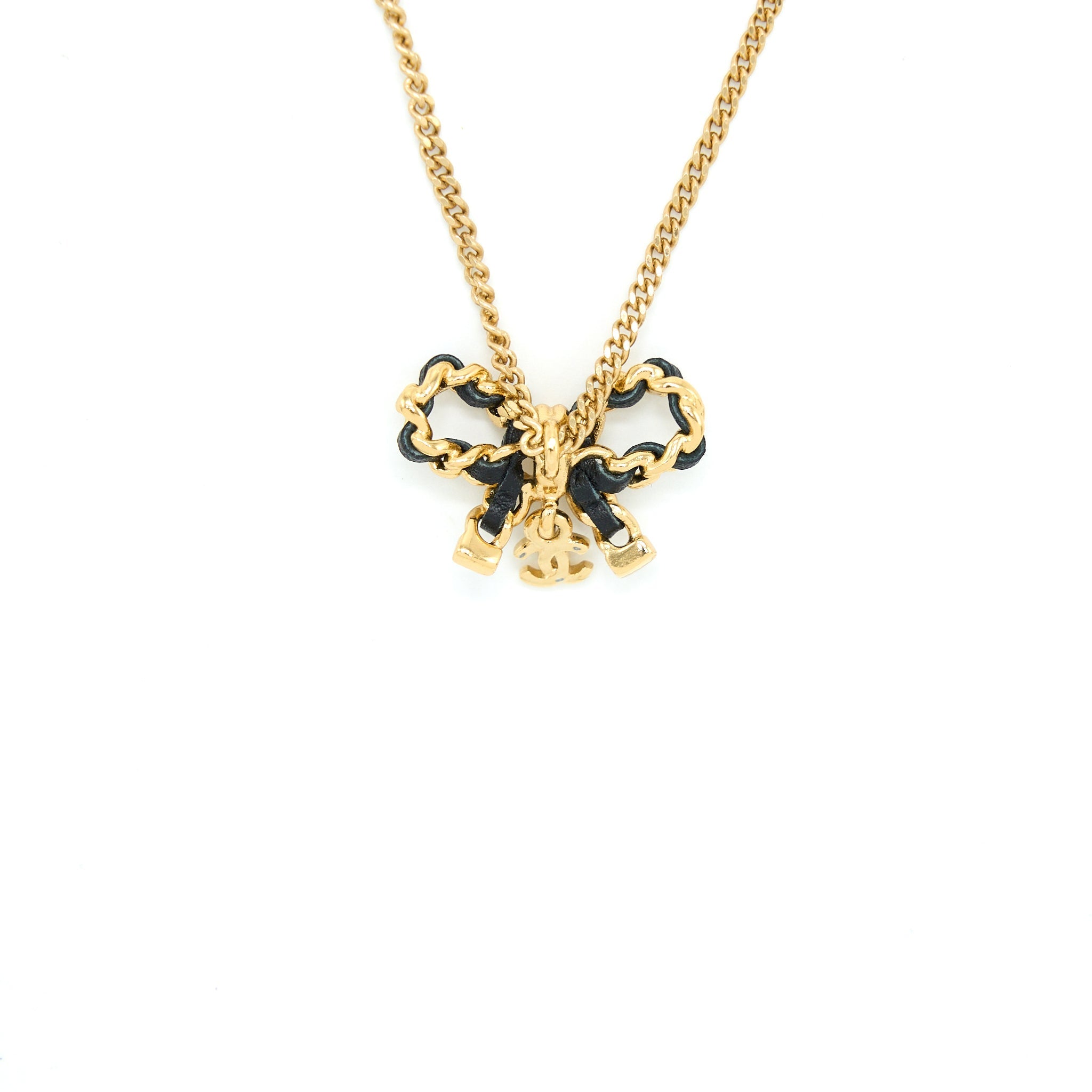 CHANEL LEATHER CHAIN BOW NECKLACE GOLD TONE