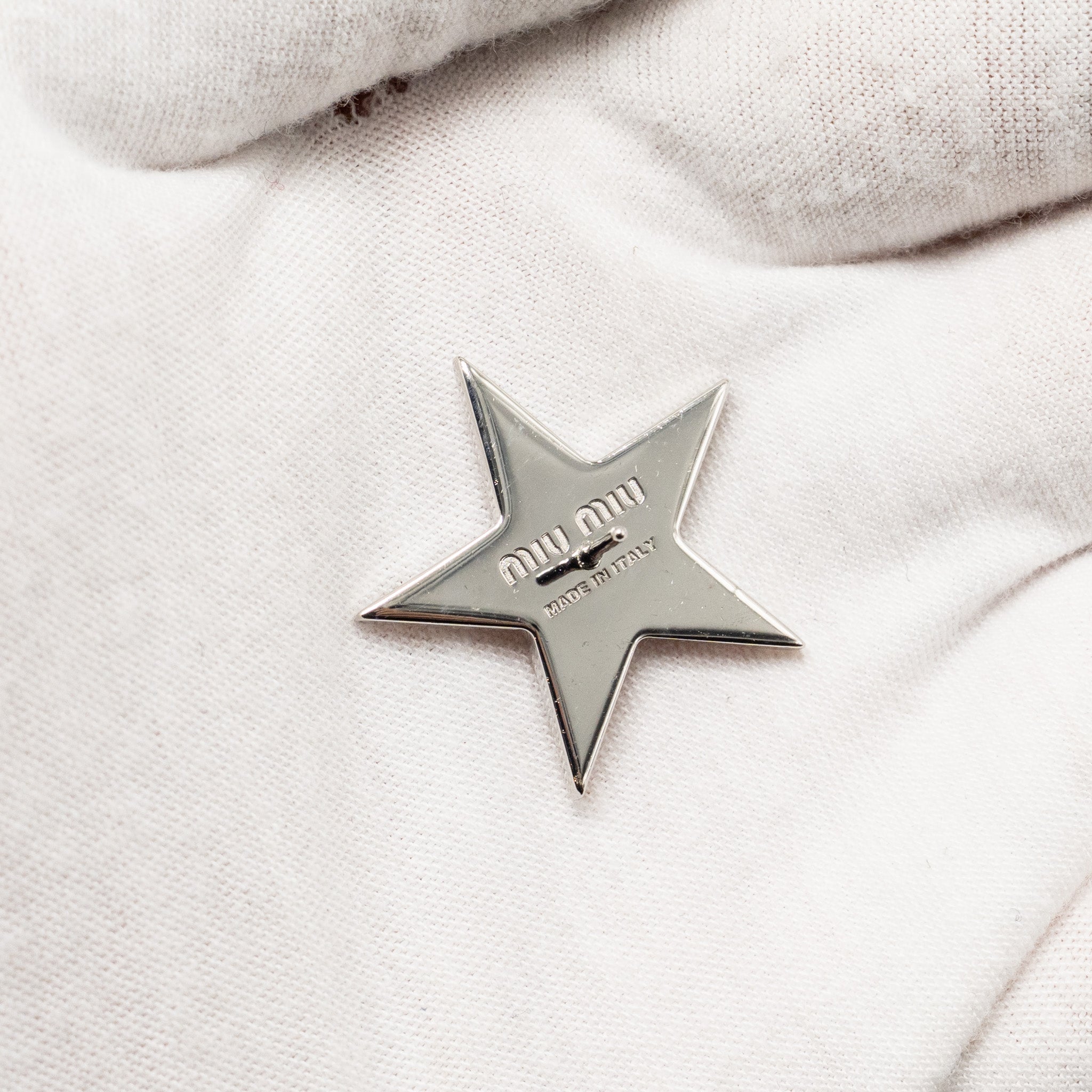 MIU MIU CRYSTAL-EMBELLISHED ASYMMETRIC WITH STAR EARRINGS SILVER TONE