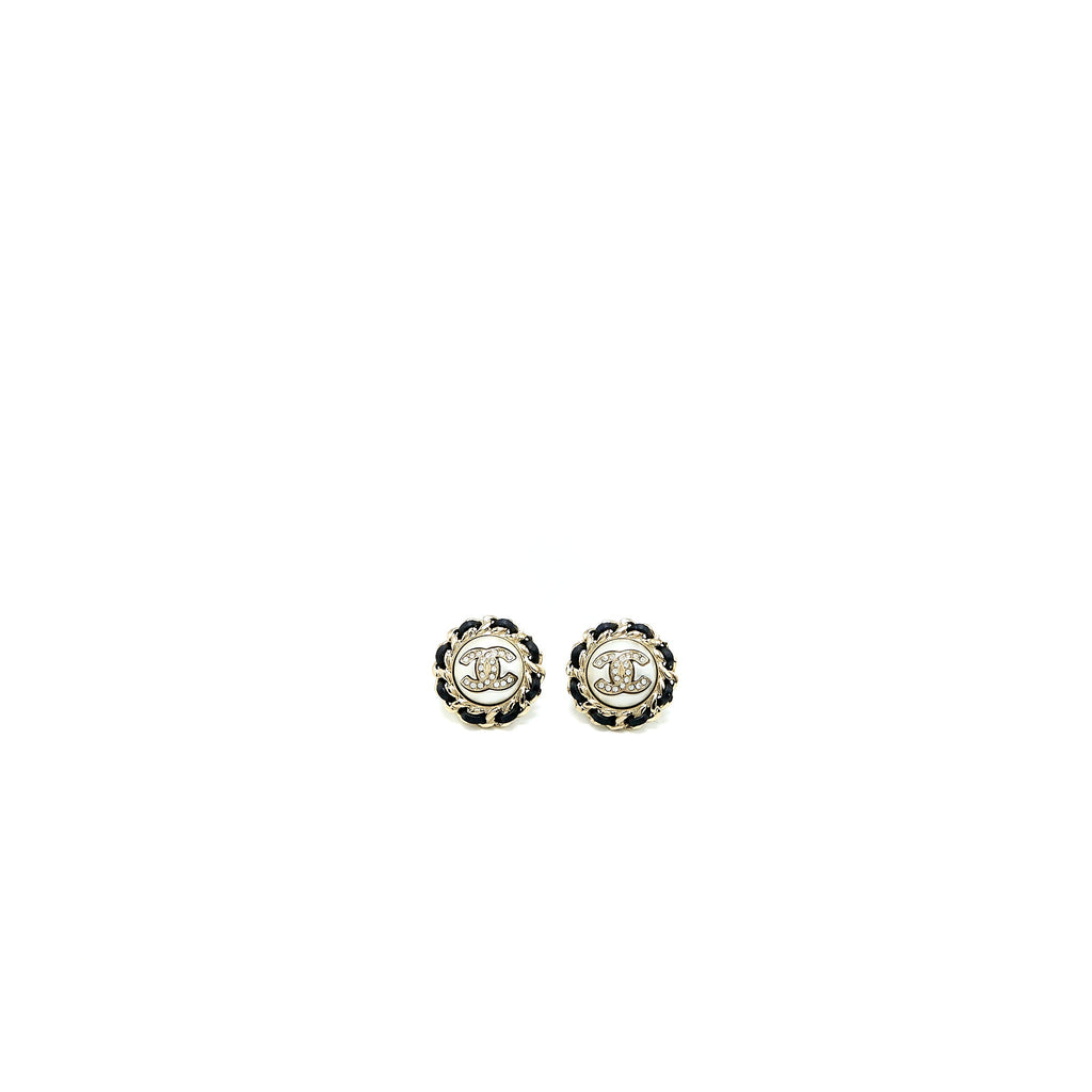 CHANEL ROUND CC LEATHER/ CRYSTAL EARRINGS LGHW