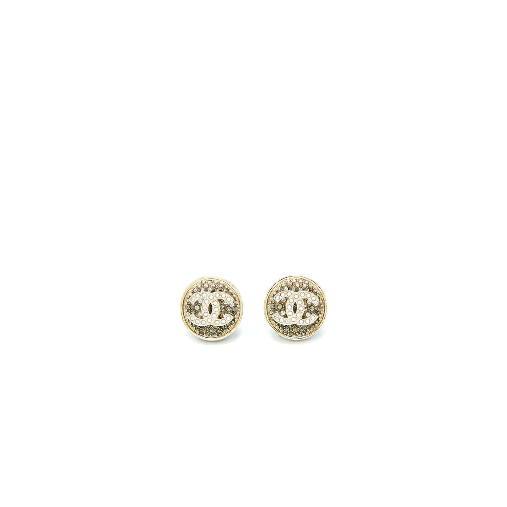 CHANEL 23P CC LOGO CRYSTAL ROUND EARRINGS LIGHT GOLD TONE