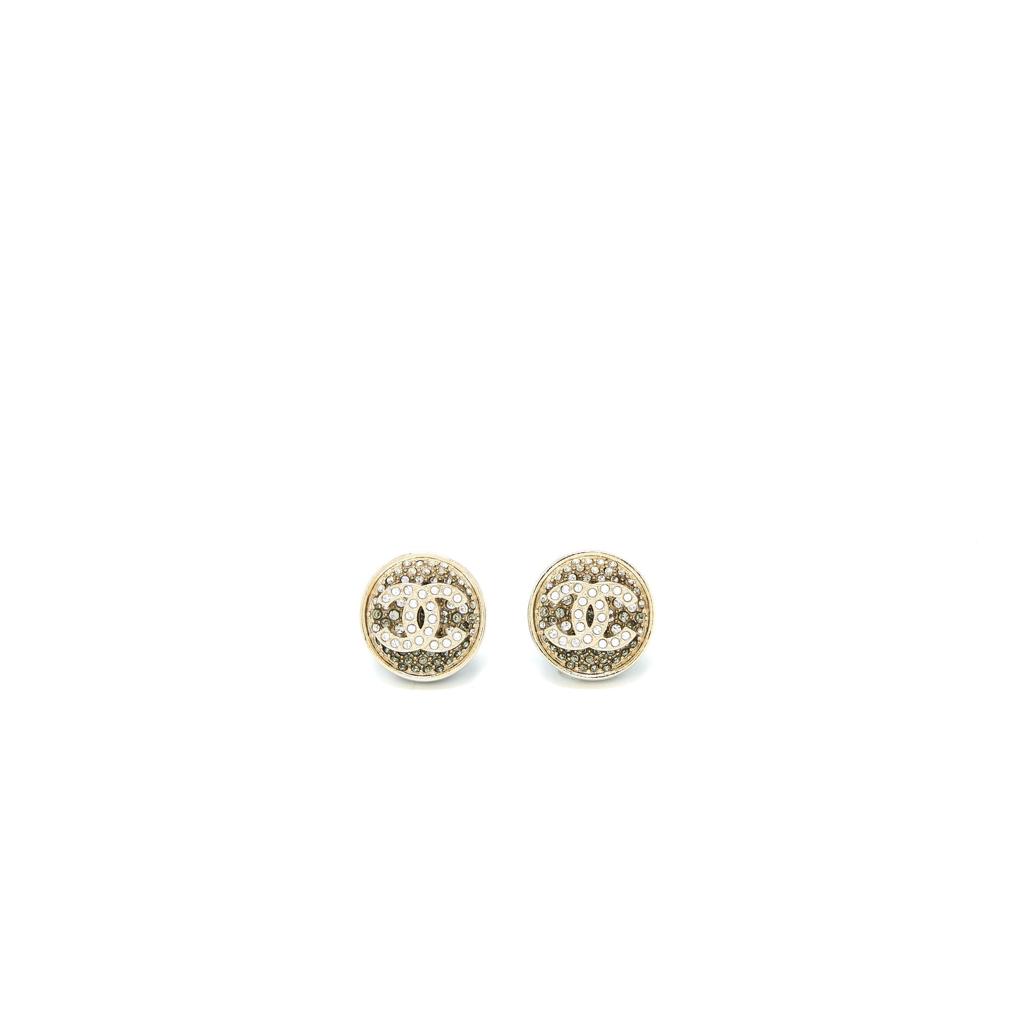 CHANEL 23P CC LOGO CRYSTAL ROUND EARRINGS LIGHT GOLD TONE