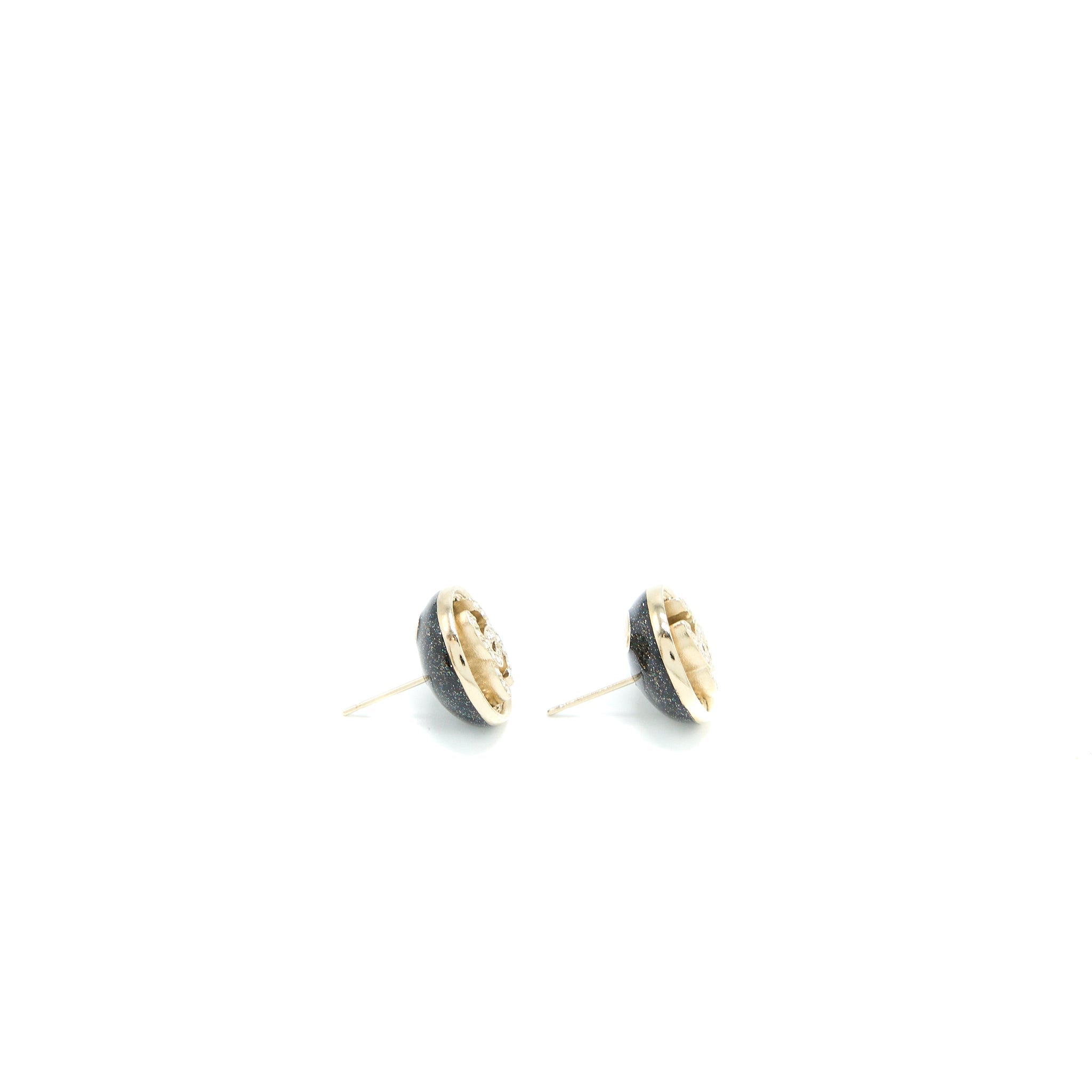 CHANEL 23P CC LOGO CRYSTAL ROUND EARRINGS LIGHT GOLD TONE