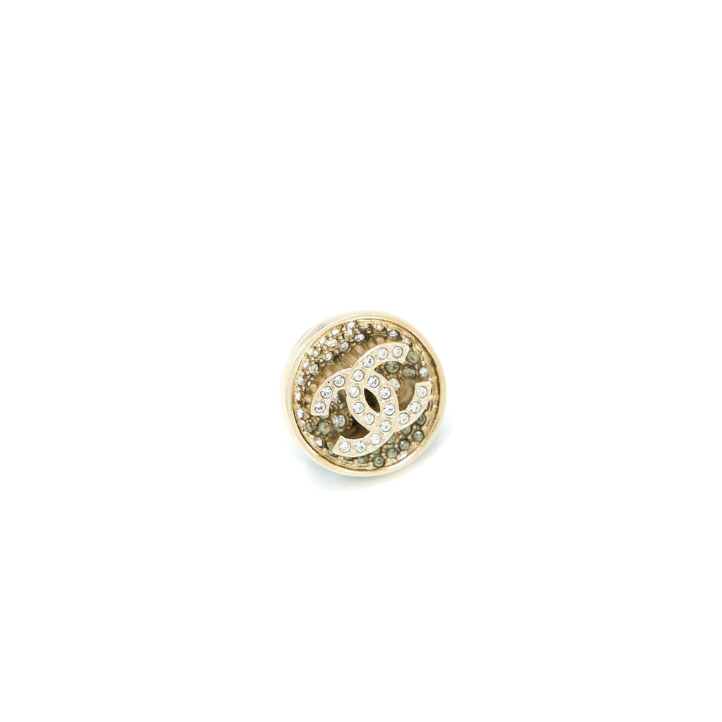 CHANEL 23P CC LOGO CRYSTAL ROUND EARRINGS LIGHT GOLD TONE