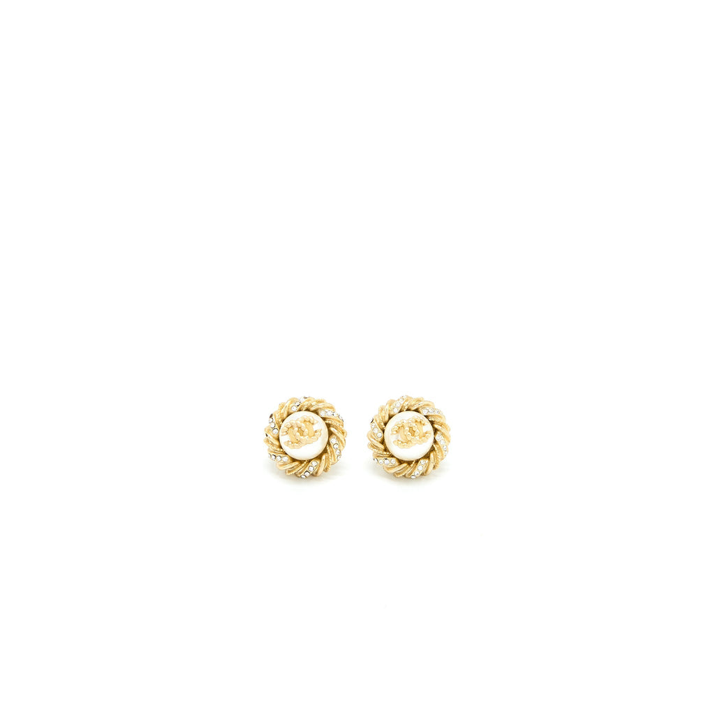 CHANEL ROUND CC LOGO EARRINGS PEARL/CRYSTAL LIGHT GOLD TONE