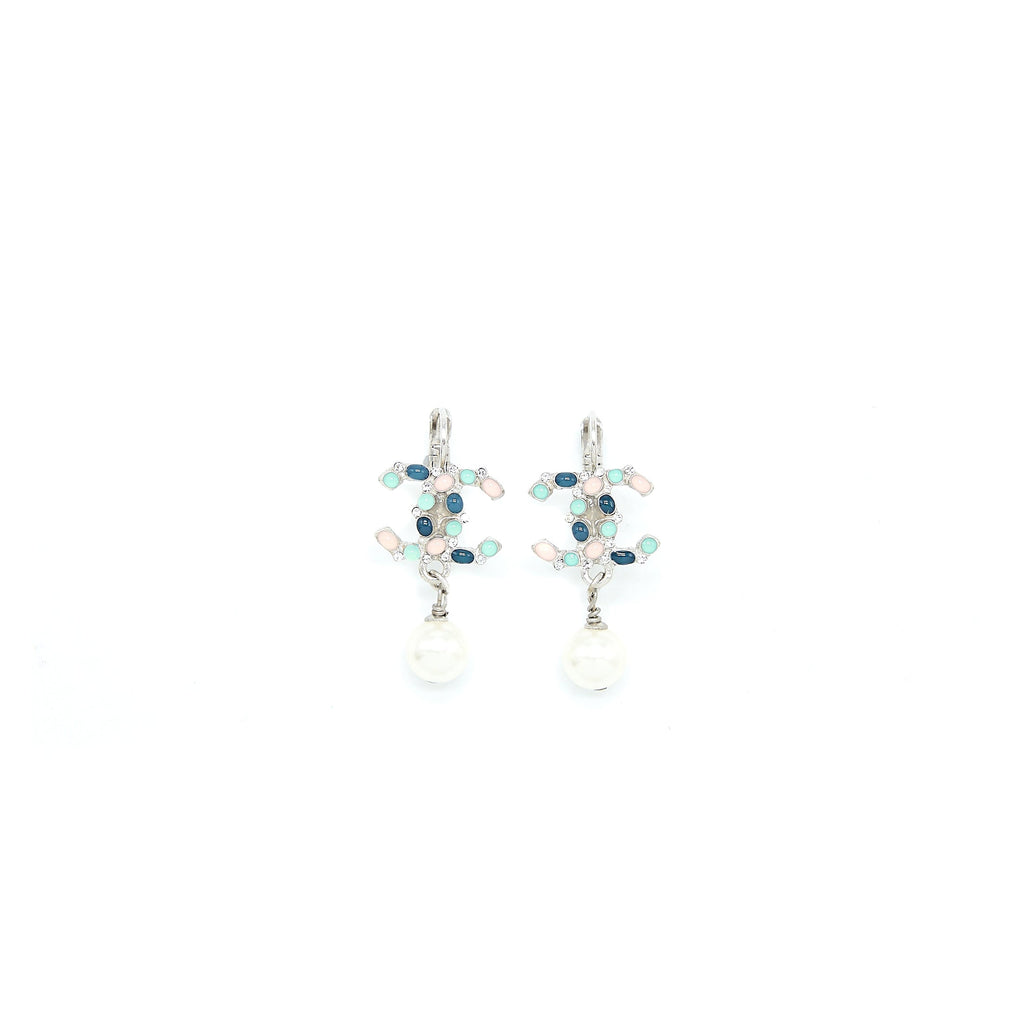 CHANEL PEARL DROP CC LOGO EARRINGS ENAMEL/PEARL MULTICOLOUR SILVER TONE