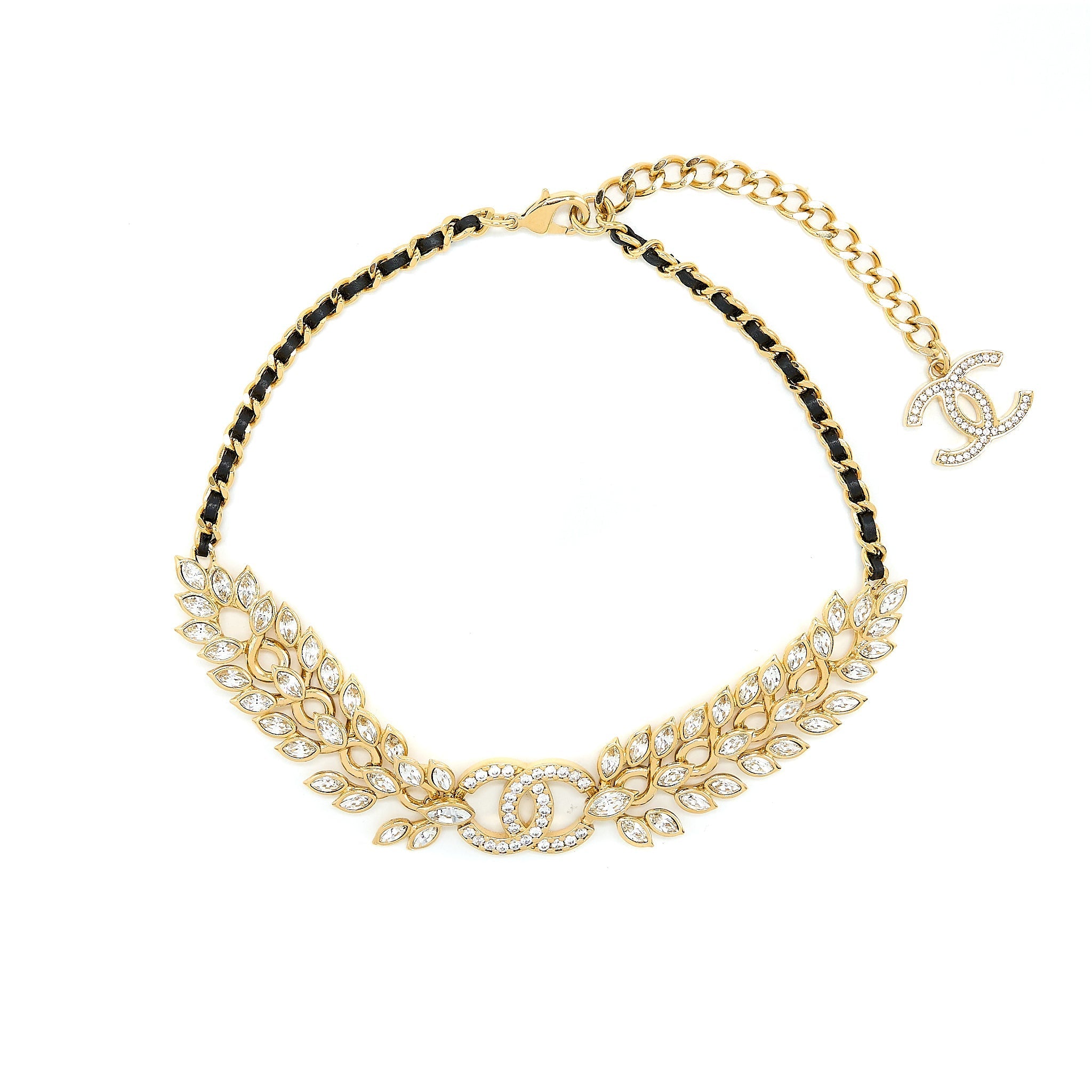 CHANEL CC LOGO/LEAF NECKLACE/CHOCKER CRYSTAL/LEATHER CHAIN GOLD TONE