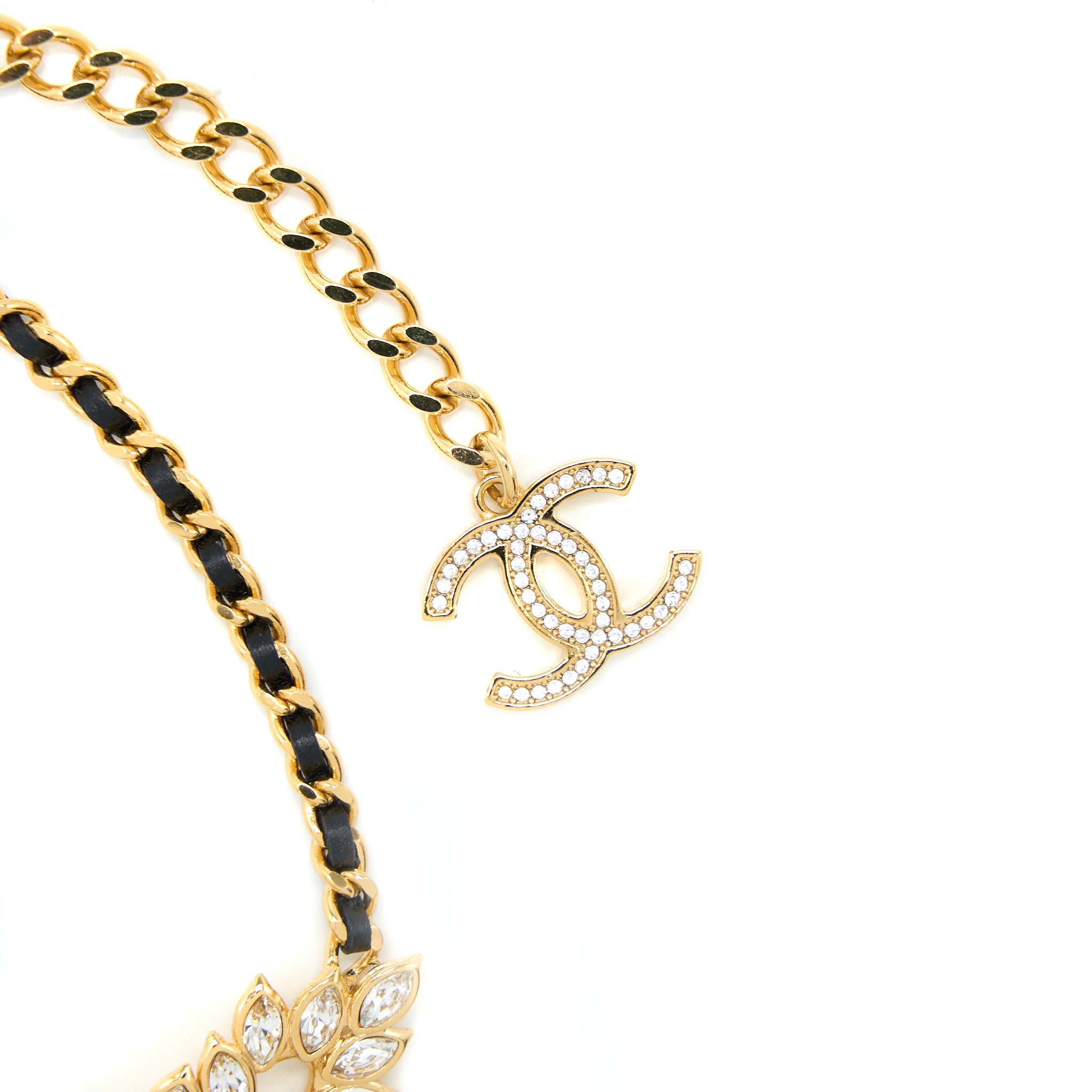 CHANEL CC LOGO/LEAF NECKLACE/CHOCKER CRYSTAL/LEATHER CHAIN GOLD TONE