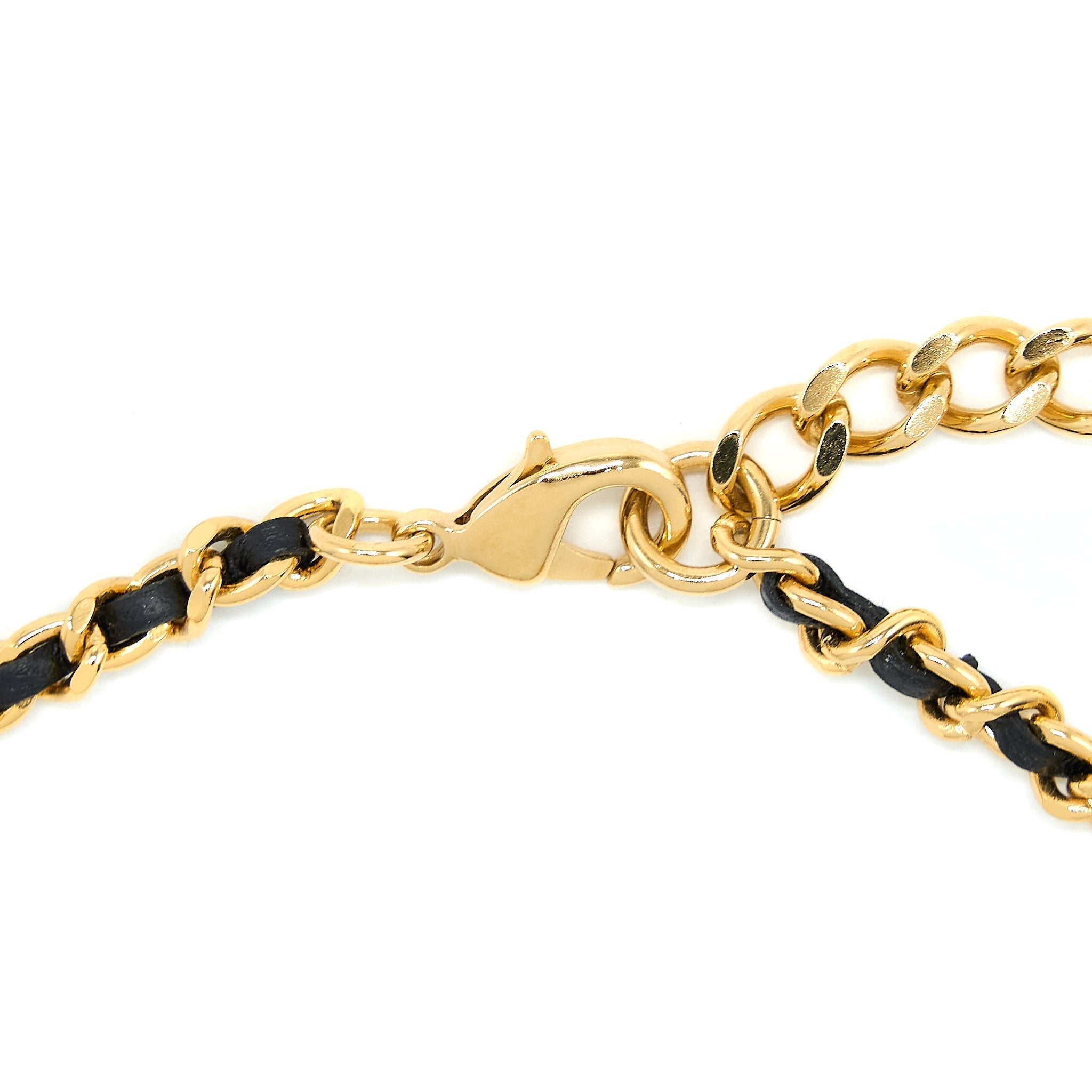 CHANEL CC LOGO/LEAF NECKLACE/CHOCKER CRYSTAL/LEATHER CHAIN GOLD TONE
