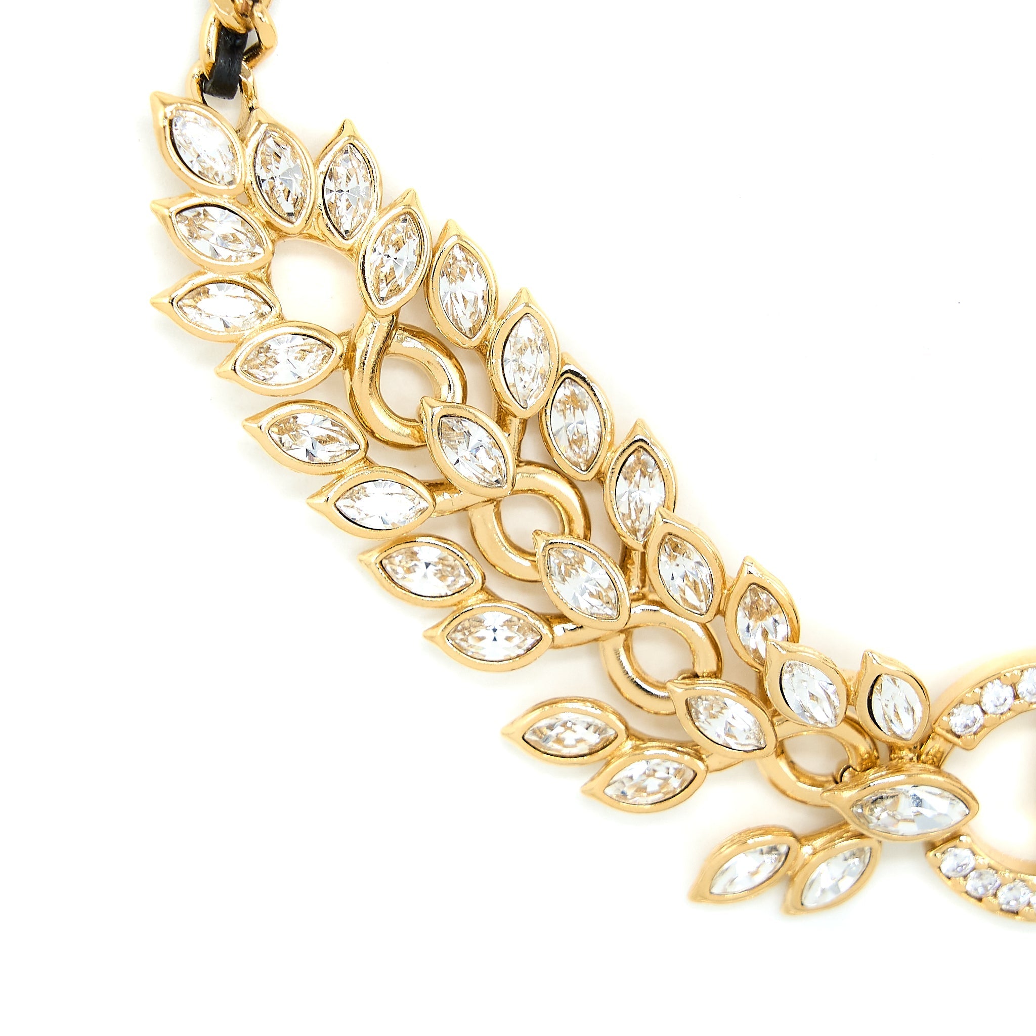 CHANEL CC LOGO/LEAF NECKLACE/CHOCKER CRYSTAL/LEATHER CHAIN GOLD TONE