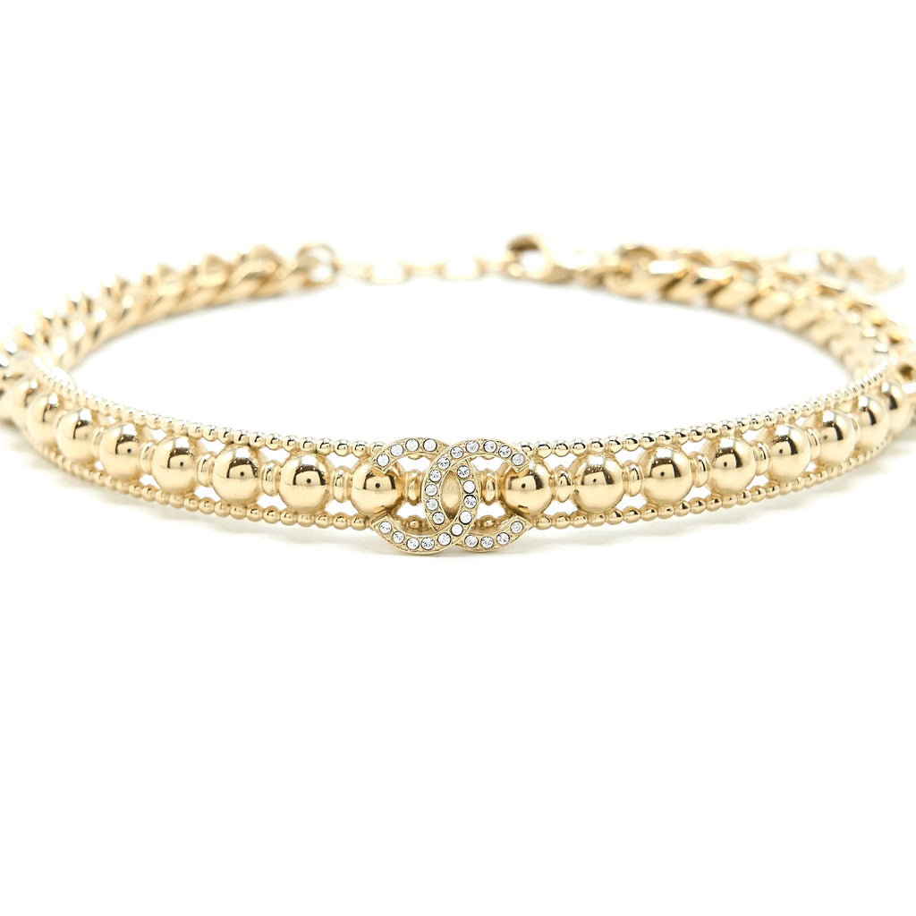 CHANEL CC LOGO CHAIN CHOCKER CRYSTAL LIGHT GOLD TONE
