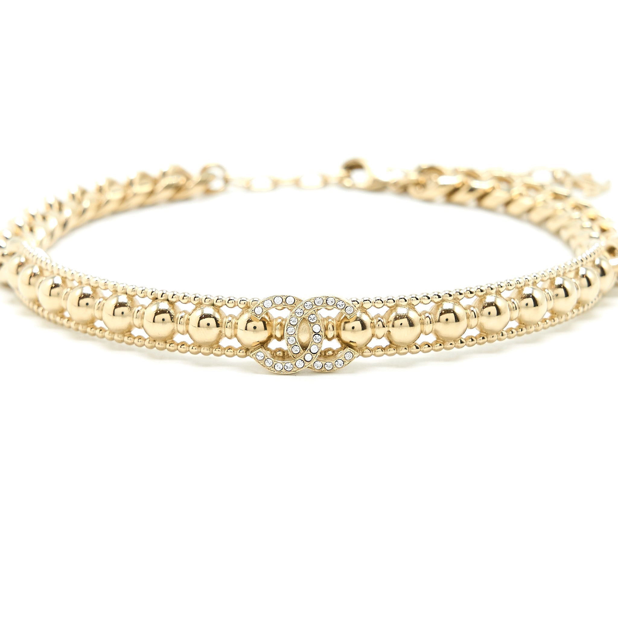 CHANEL CC LOGO CHAIN CHOCKER CRYSTAL LIGHT GOLD TONE