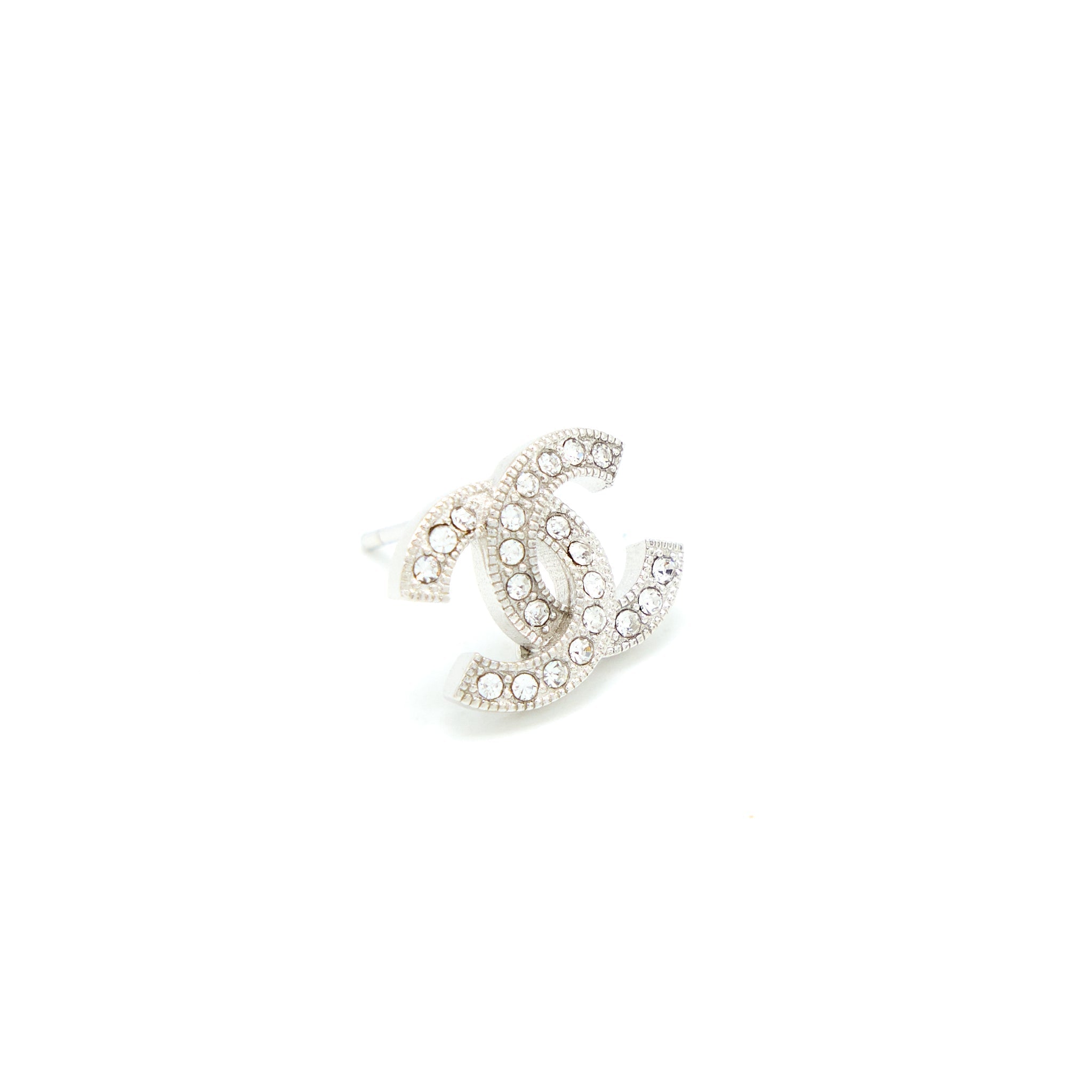 CHANEL CC LOGO EARRINGS CRYSTAL SILVER TONE