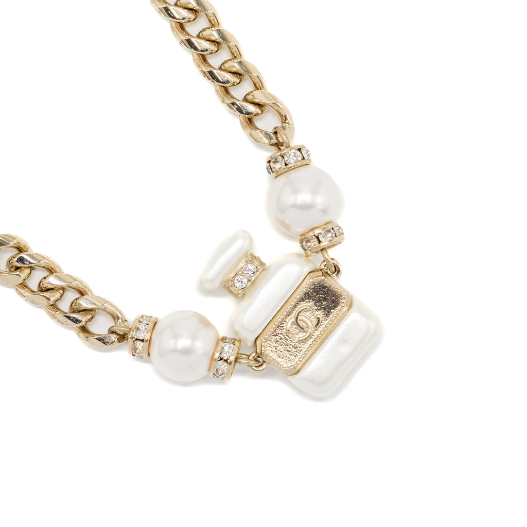 CHANEL PERFUME BOTTLE CHAIN CHOCKER / NECKLACE LIGHT GOLD TONE