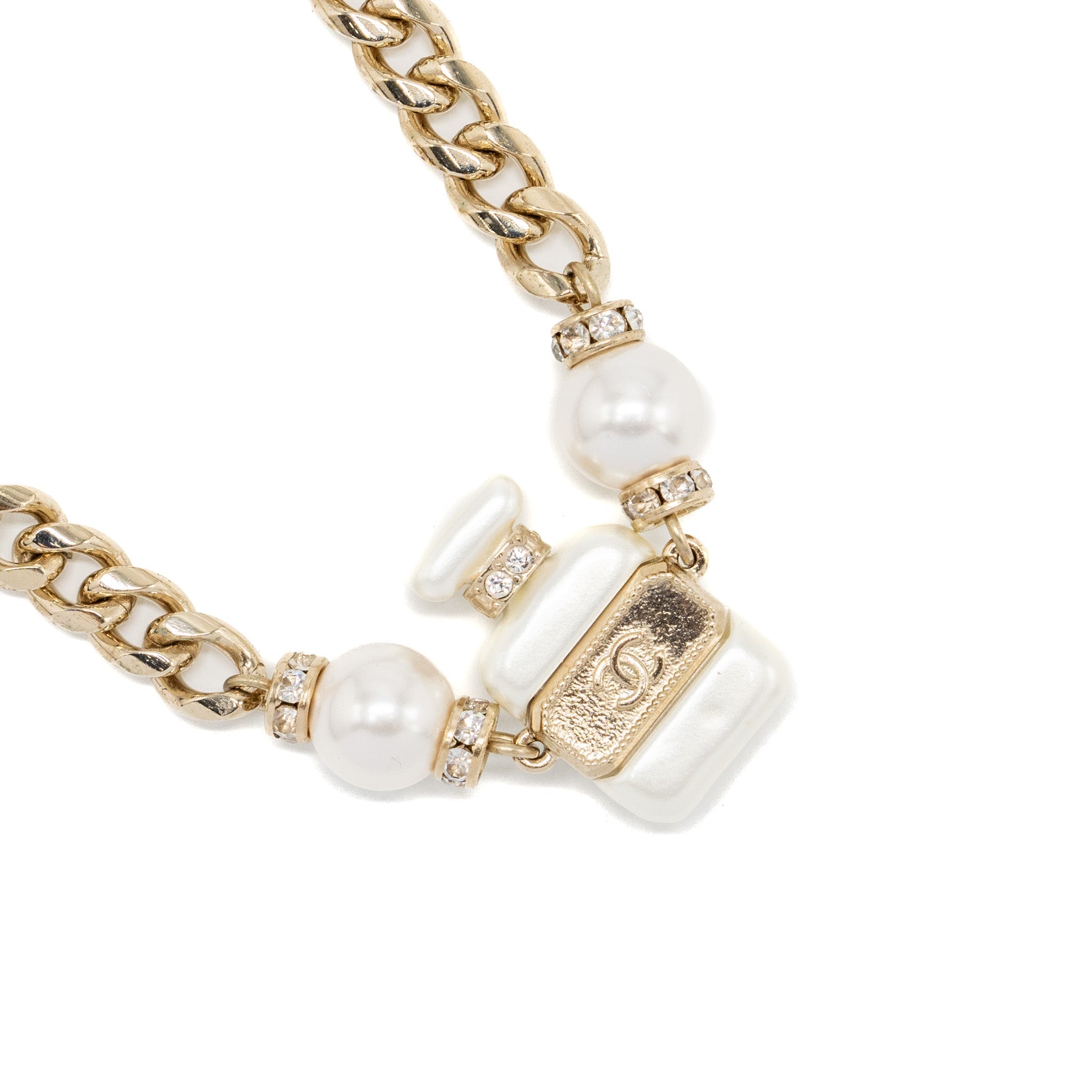 CHANEL PERFUME BOTTLE CHAIN CHOCKER / NECKLACE LIGHT GOLD TONE