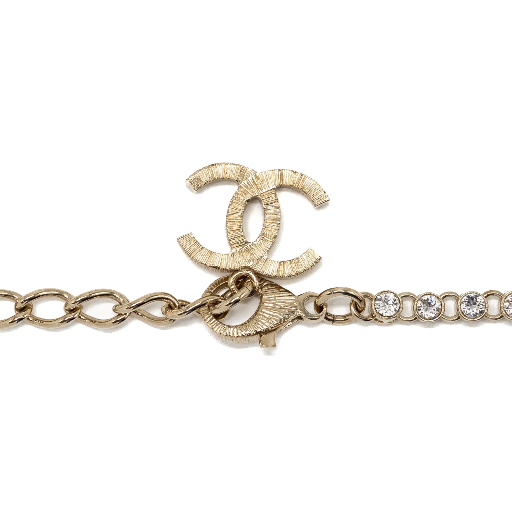 CHANEL PEARL AND CC LOGO WITH CRYSTAL CHAIN NECKLACE LIGHT GOLD TONE