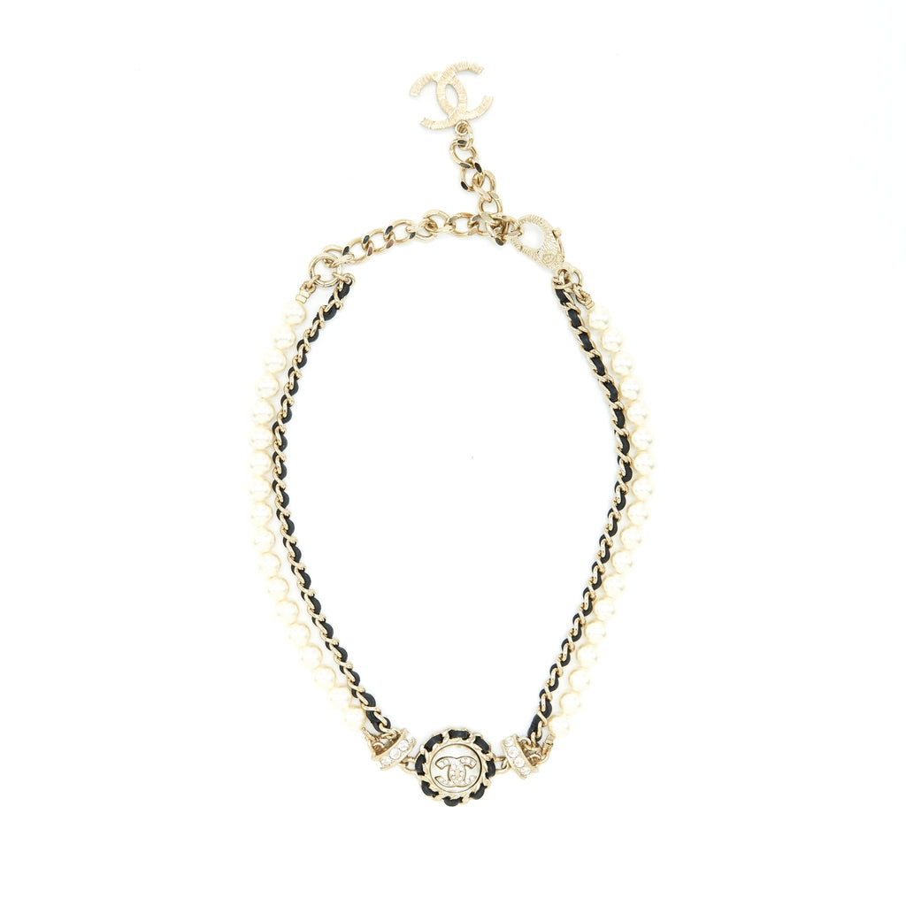 CHANEL 21S LEATHER CHAIN/PEARL/CRYSTAL CHOKER LGHW