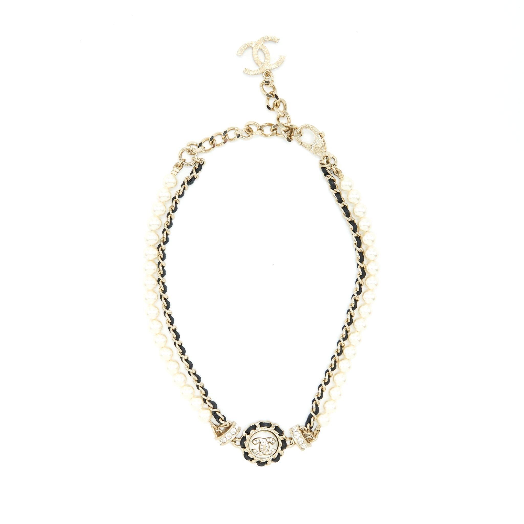 CHANEL 21S LEATHER CHAIN/PEARL/CRYSTAL CHOKER LGHW