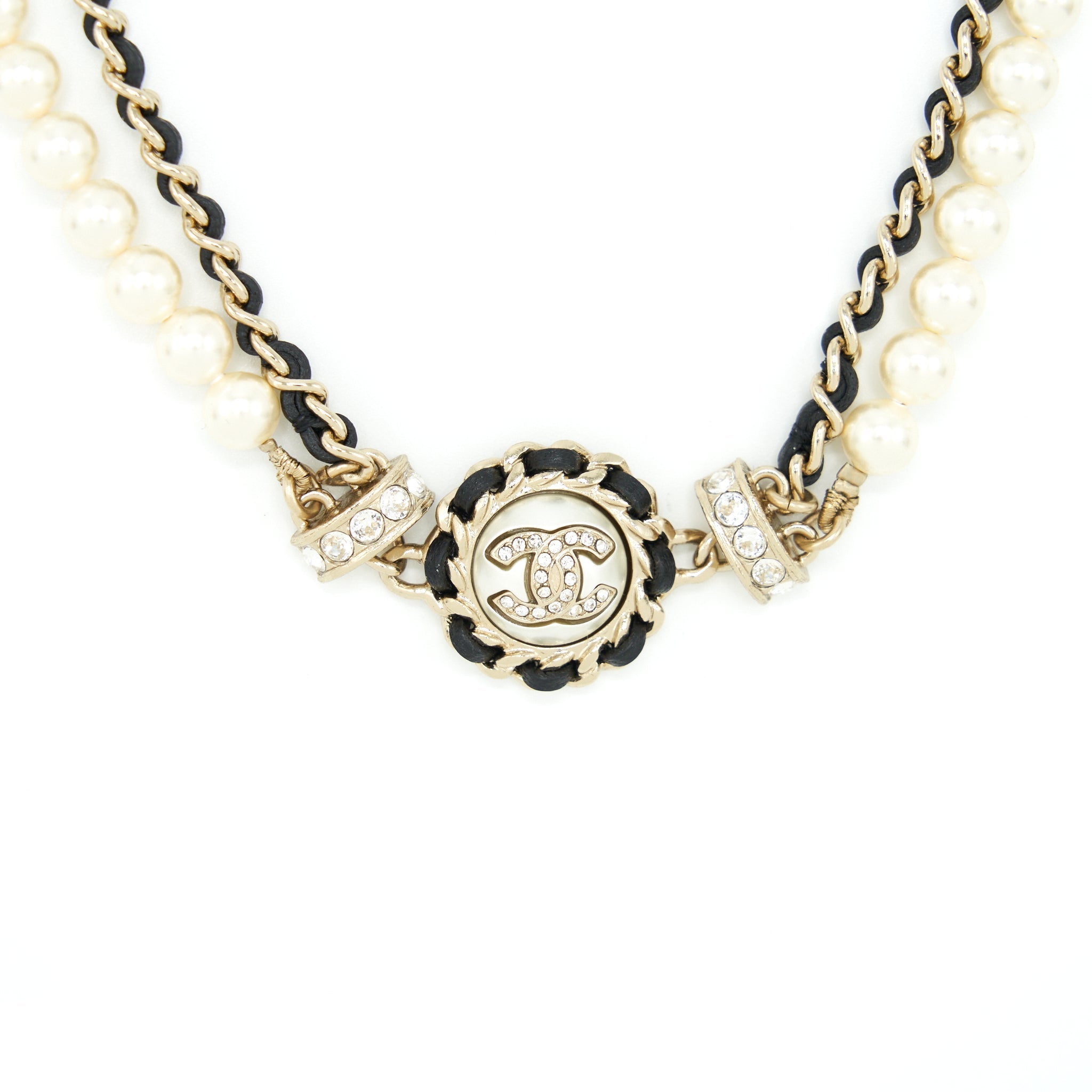 CHANEL 21S LEATHER CHAIN/PEARL/CRYSTAL CHOKER LGHW