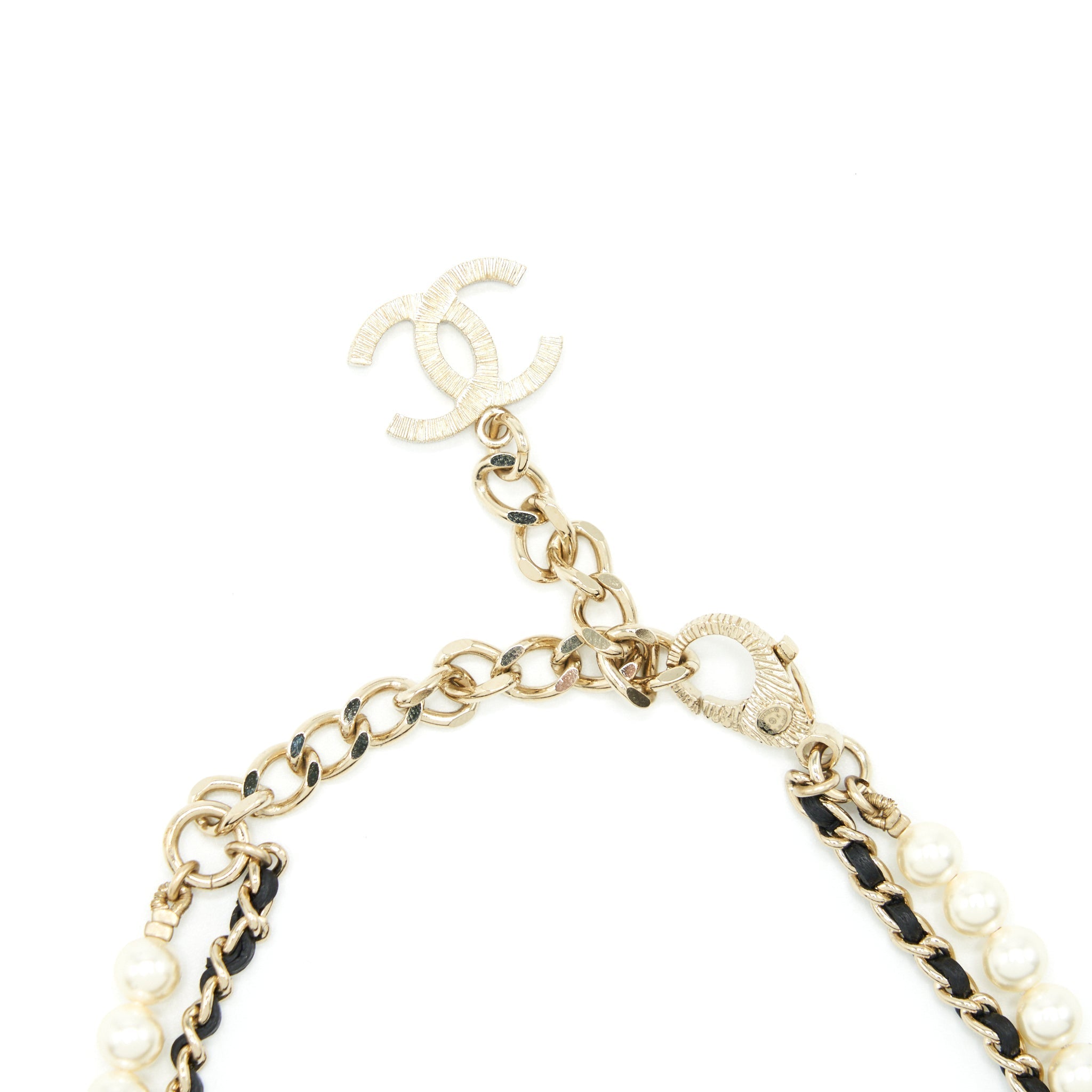 CHANEL 21S LEATHER CHAIN/PEARL/CRYSTAL CHOKER LGHW