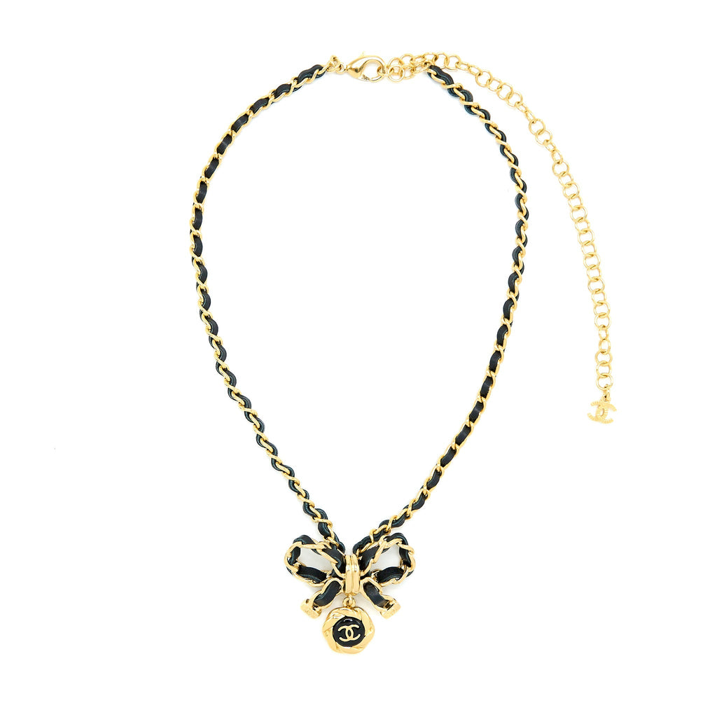 CHANEL LEATHER CHAIN BOW AND ROUND CC LOGO DROP NECKLACE GOLD TONE