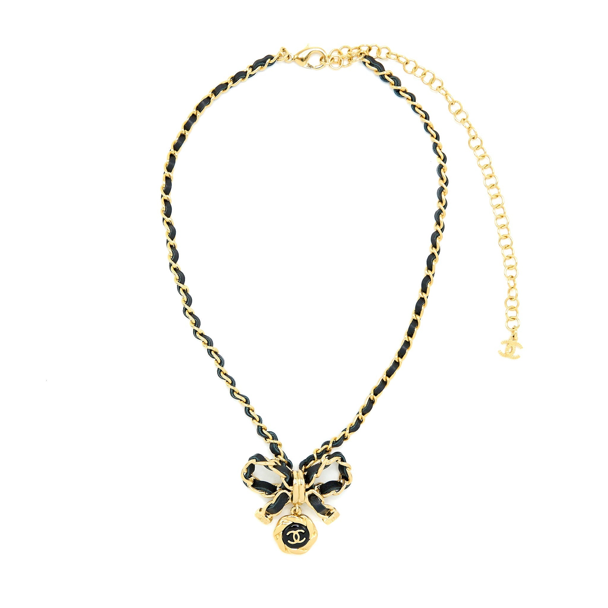CHANEL LEATHER CHAIN BOW AND ROUND CC LOGO DROP NECKLACE GOLD TONE