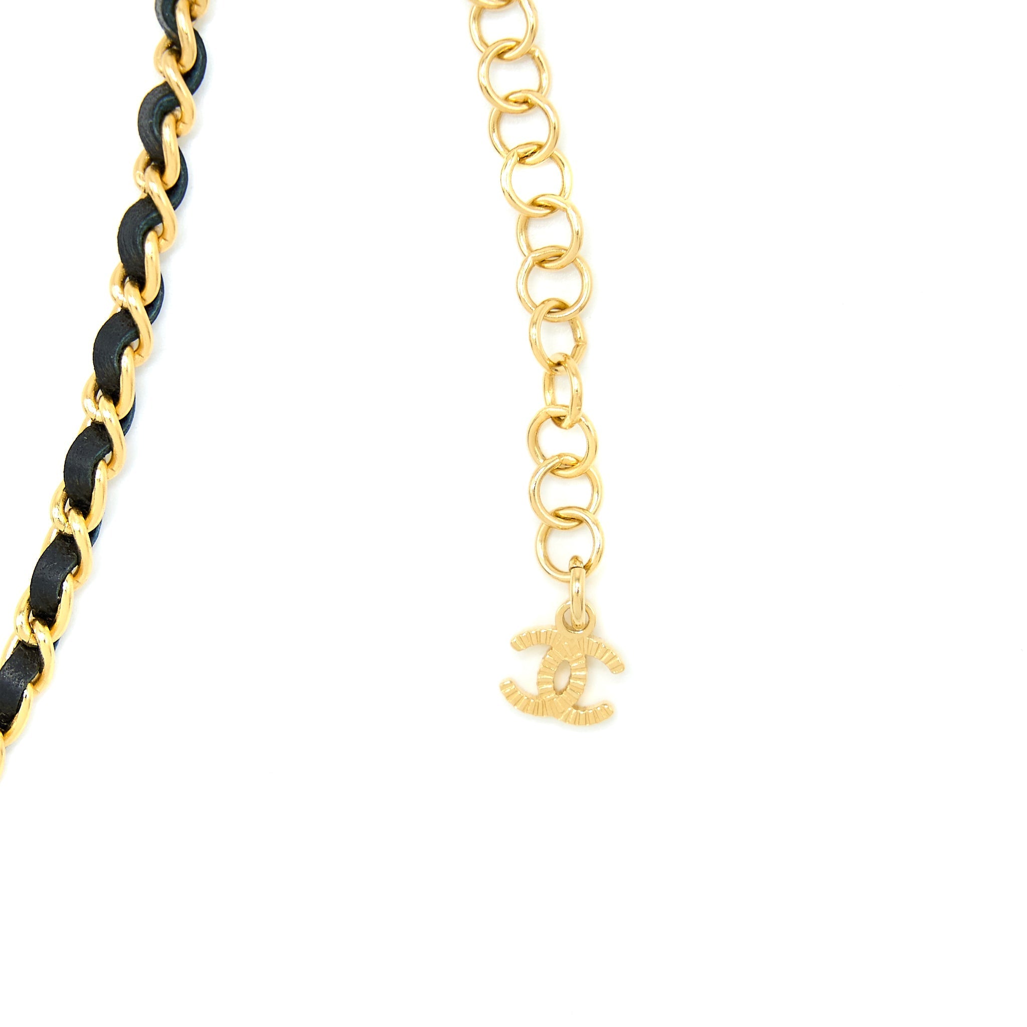 CHANEL LEATHER CHAIN BOW AND ROUND CC LOGO DROP NECKLACE GOLD TONE