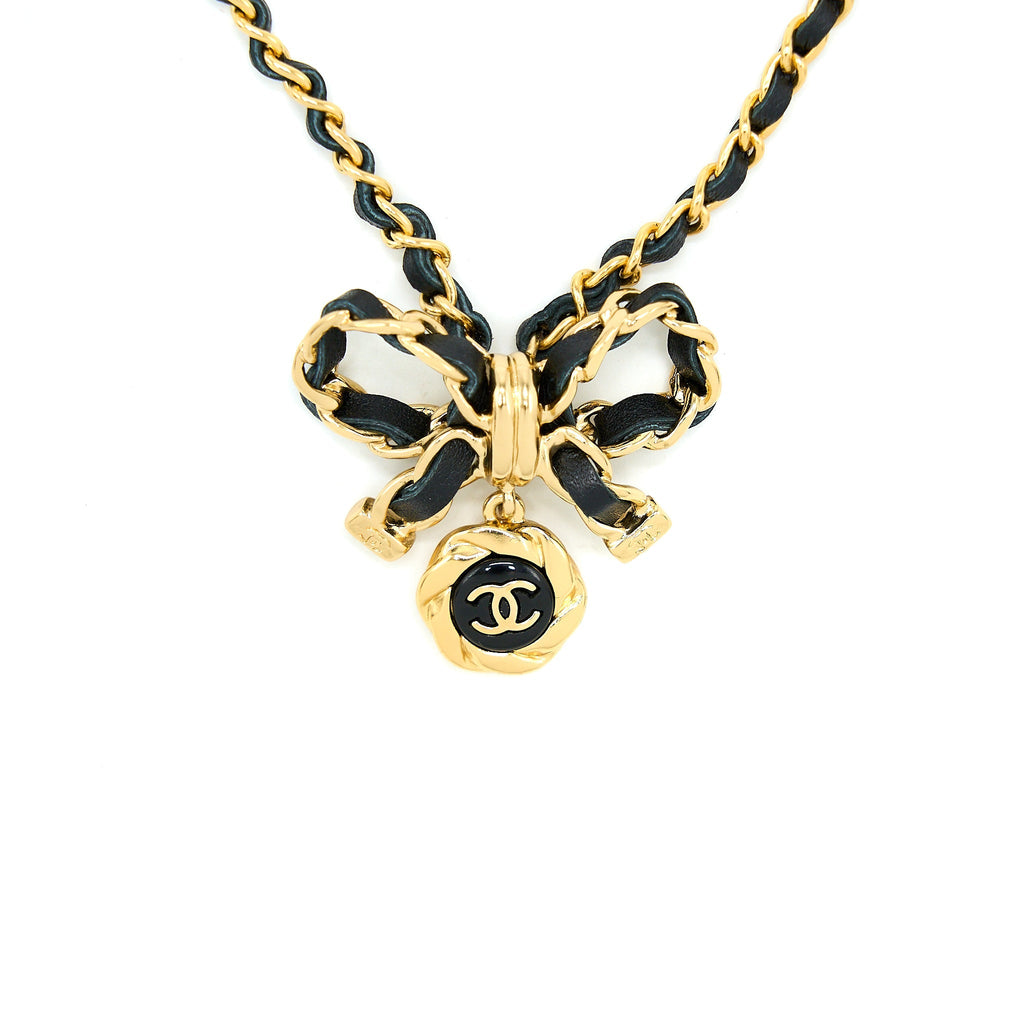 CHANEL LEATHER CHAIN BOW AND ROUND CC LOGO DROP NECKLACE GOLD TONE