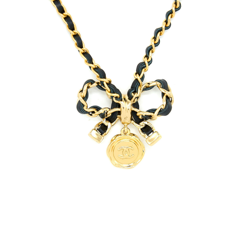 CHANEL LEATHER CHAIN BOW AND ROUND CC LOGO DROP NECKLACE GOLD TONE