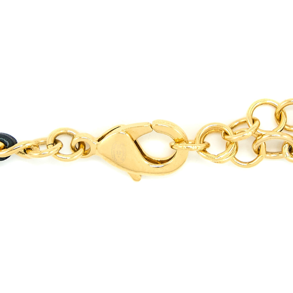 CHANEL LEATHER CHAIN BOW AND ROUND CC LOGO DROP NECKLACE GOLD TONE