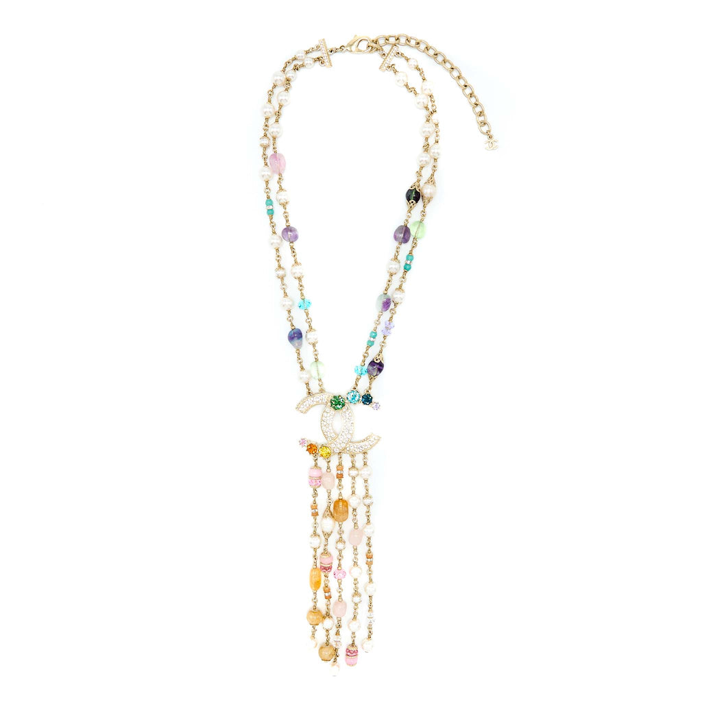 CHANEL PEARL / CRYSTAL WITH LARGE CC LOGO DROP NECKLACE LIGHT GOLD TONE