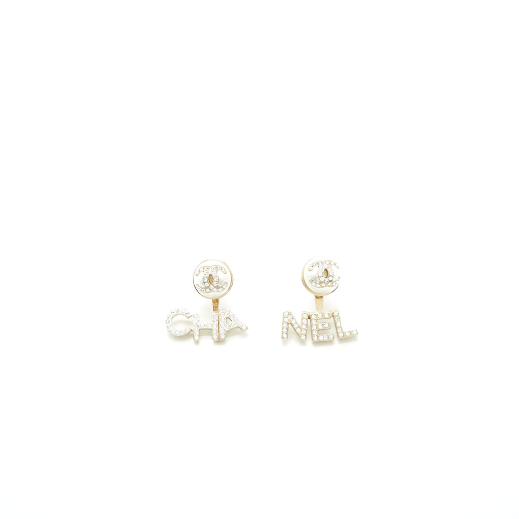 CHANEL PEARL/CC LOGO/LETTER DROP EARRINGS WITH CRYSTAL
