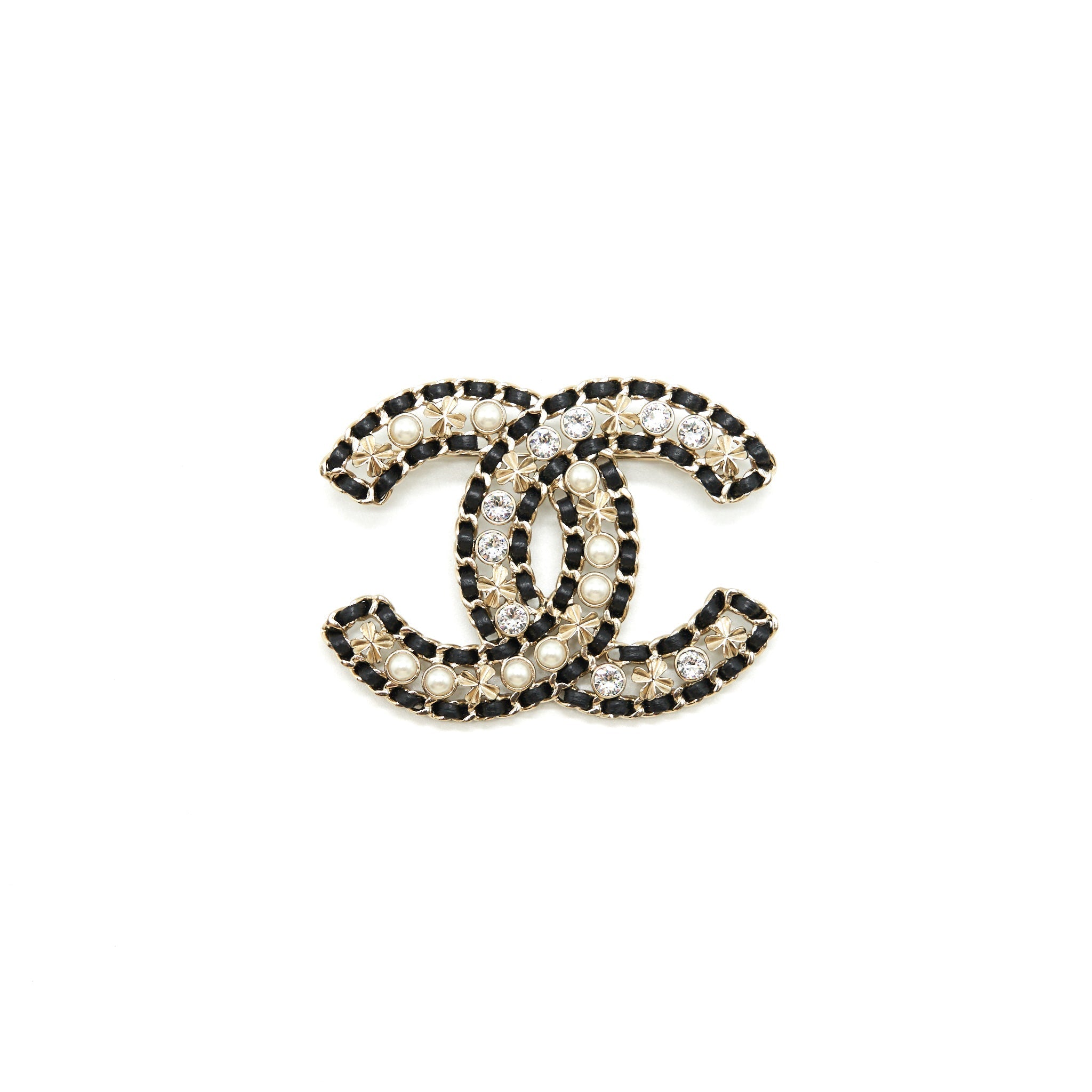 CHANEL CC CHAIN/ WHITE CRYSTAL / PEARL BROOCH