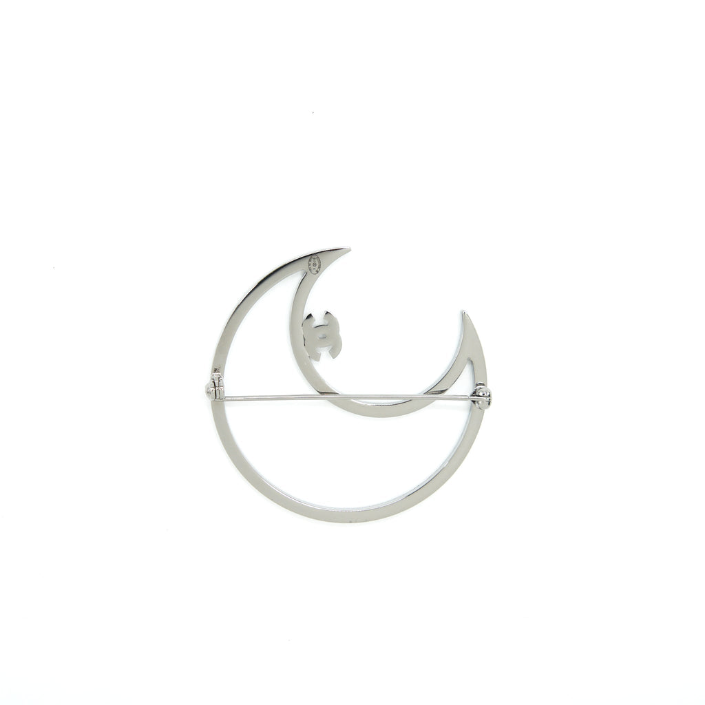 CHANEL CRYSTAL CC CRESCENT MOON BROOCH SILVER TONE