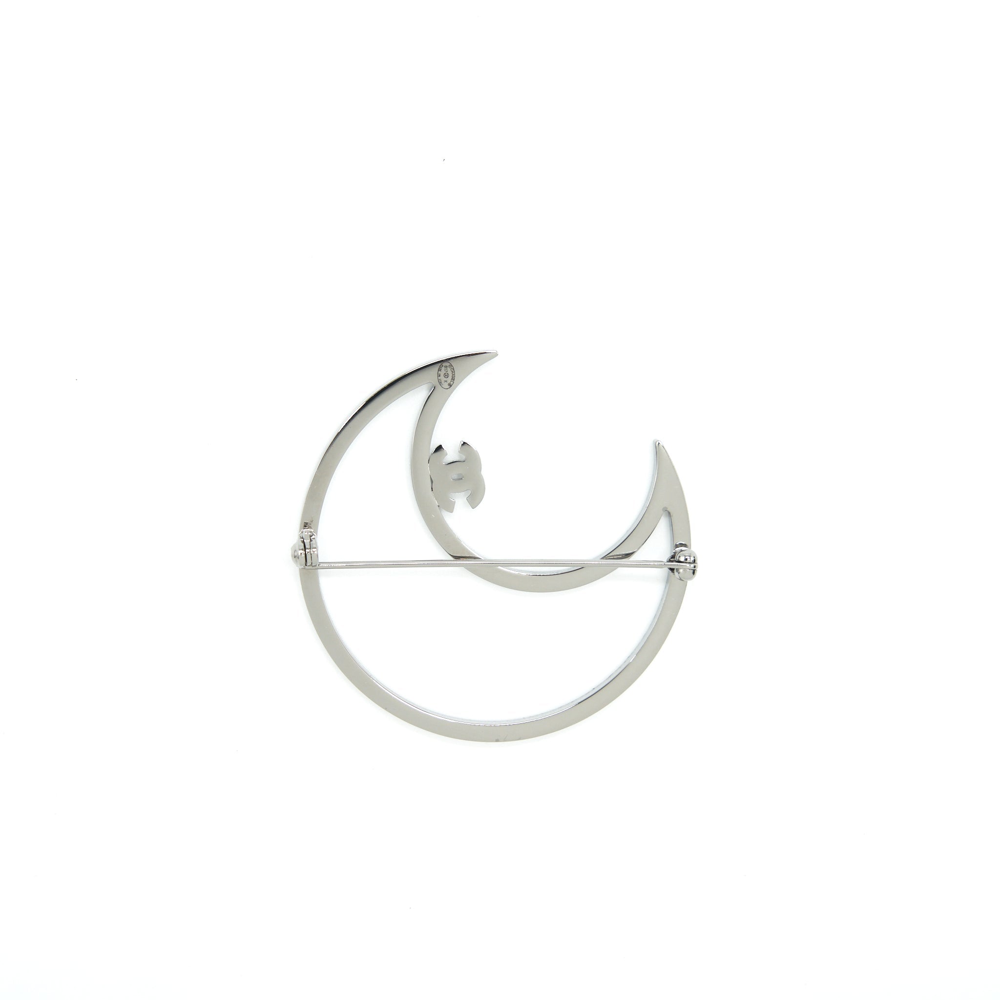 CHANEL CRYSTAL CC CRESCENT MOON BROOCH SILVER TONE
