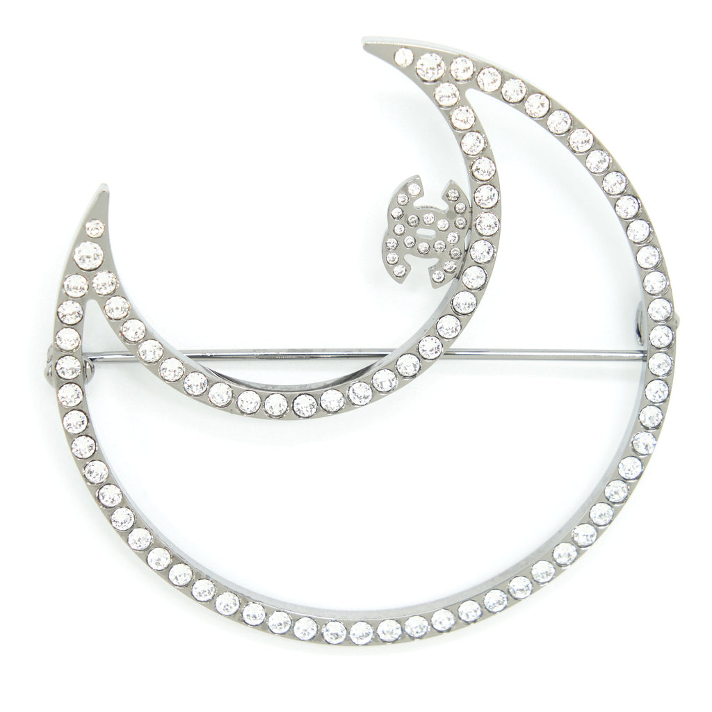 CHANEL CRYSTAL CC CRESCENT MOON BROOCH SILVER TONE